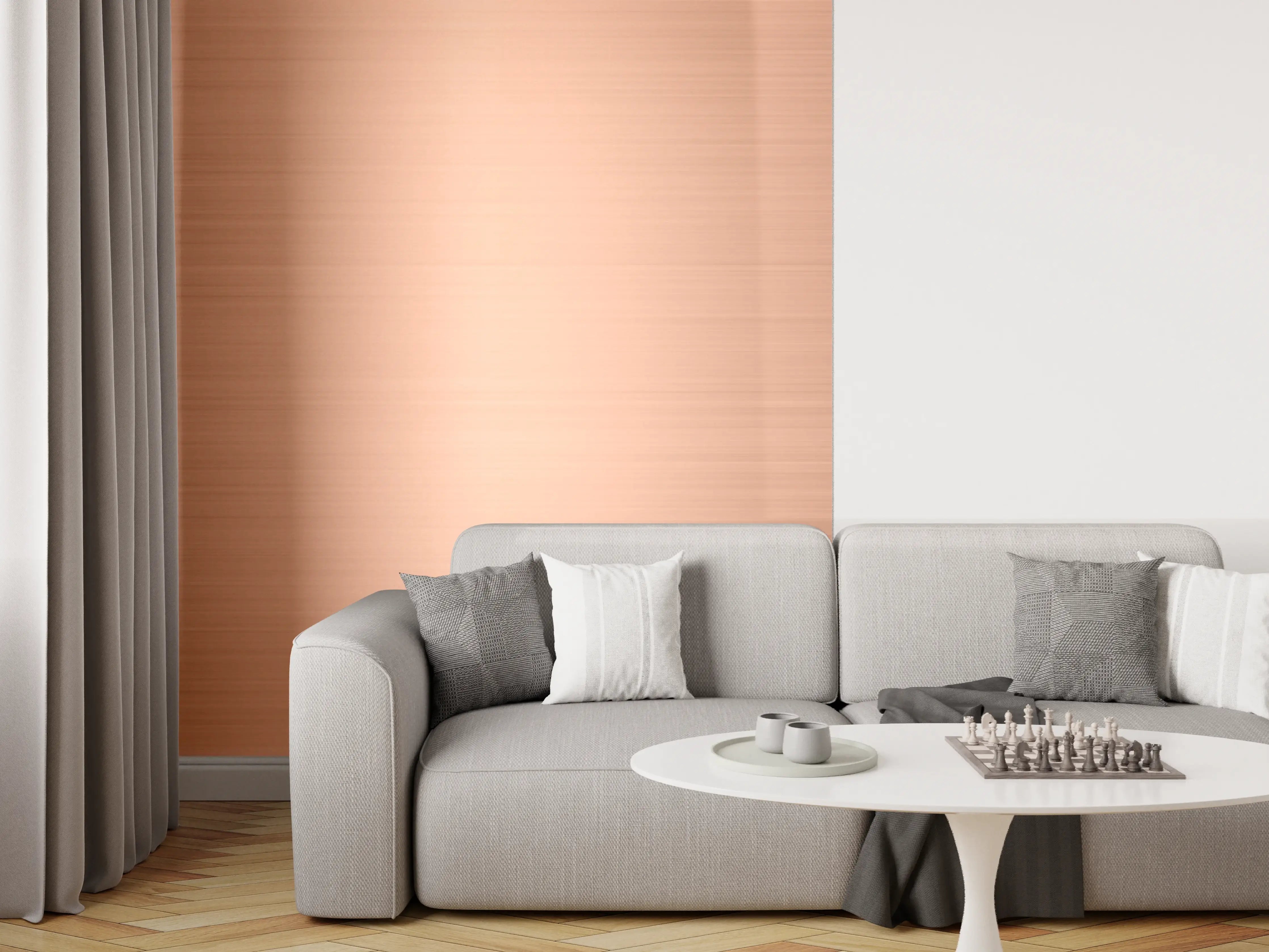 Wandverkleidung Wohnzimmer - Kupferoptik mit metallischem Glanz