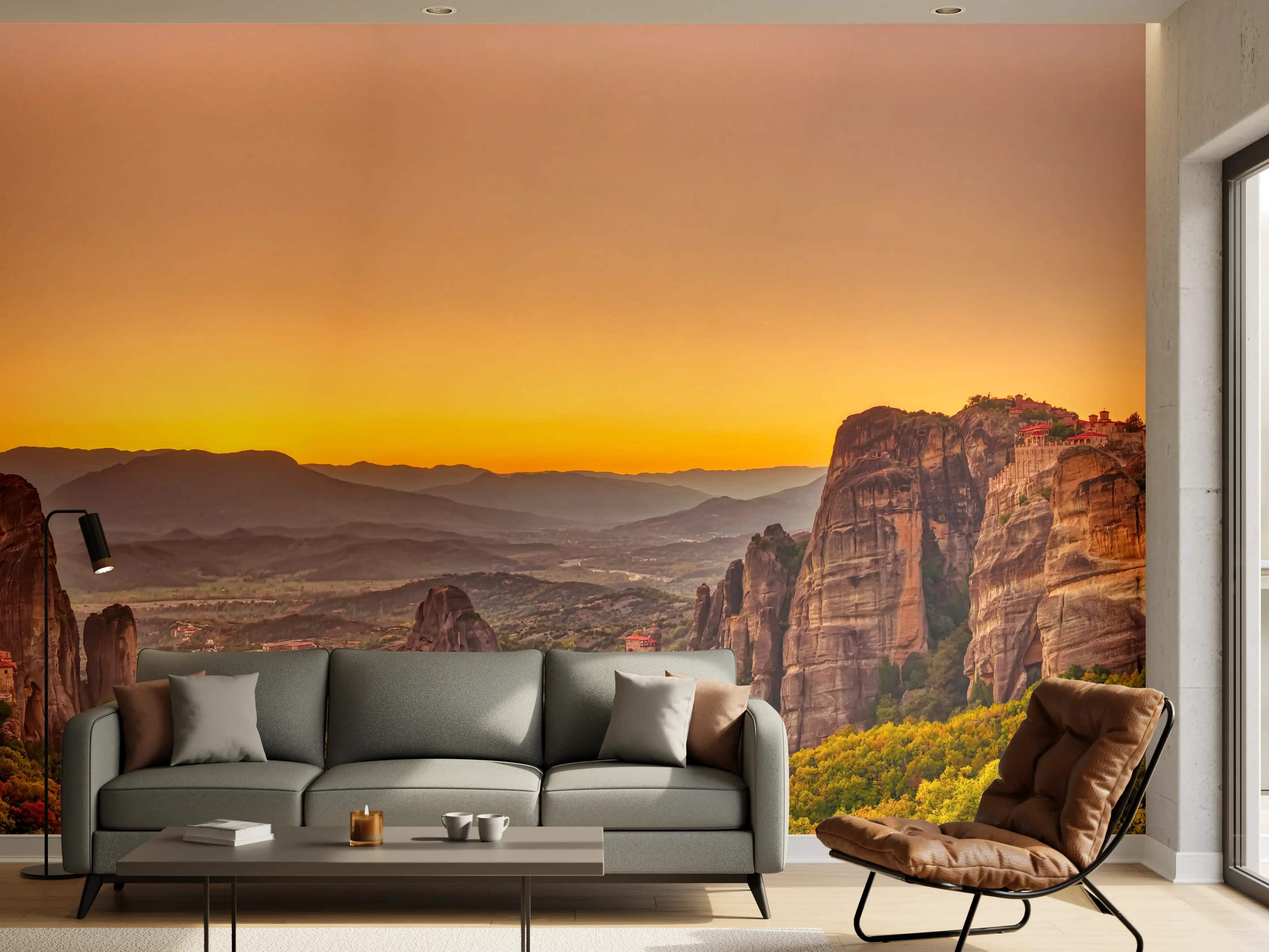 Wandverkleidung Wohnzimmer - Landschaft mit Klöstern und Felsformationen