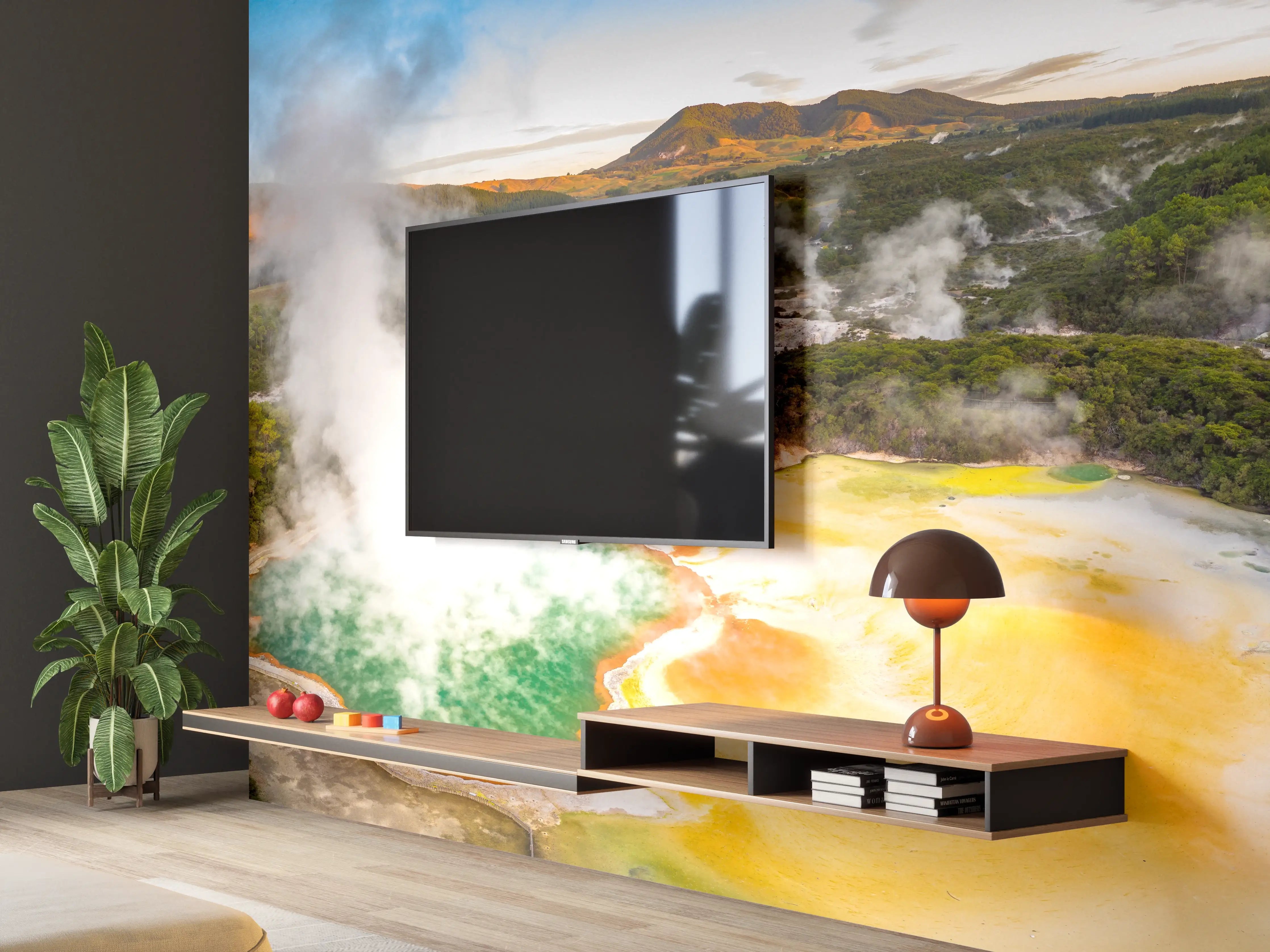 Wandverkleidung Wohnzimmer - Landschaft mit kochend heißem Schlamm