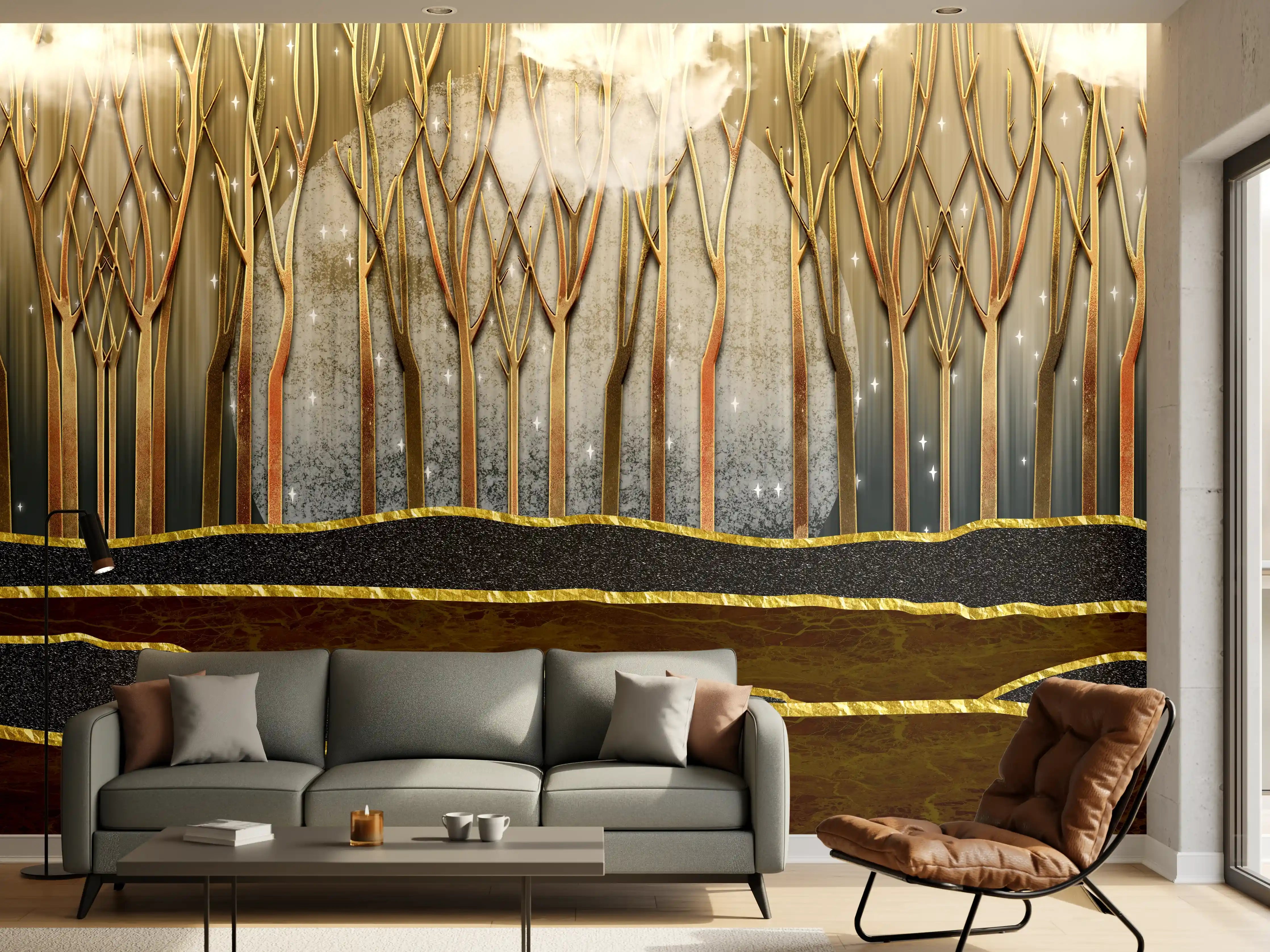 Wandverkleidung Wohnzimmer - Landschafts Kunst- goldene Bäume