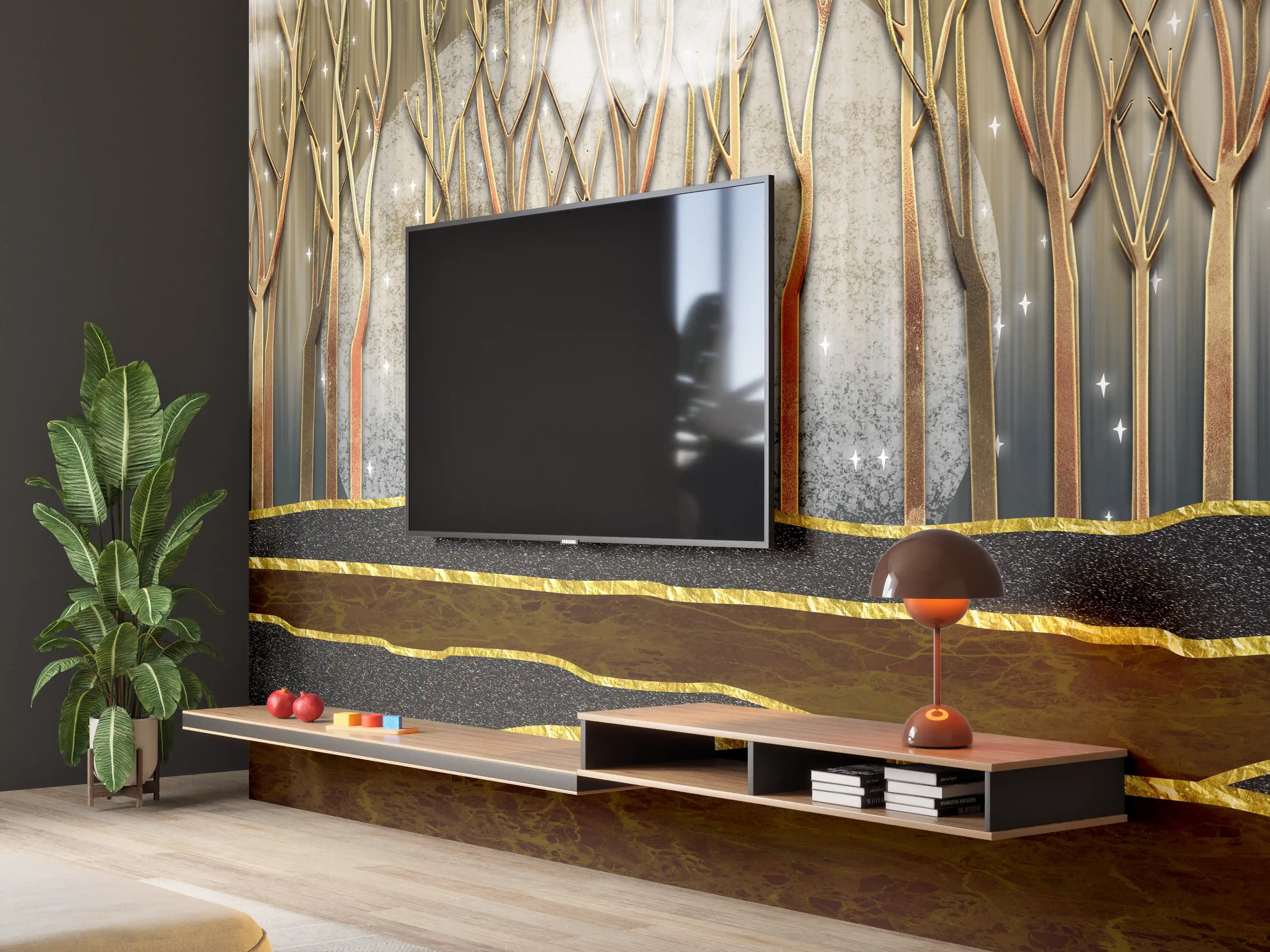 Wandverkleidung Wohnzimmer - Landschafts Kunst- goldene Bäume