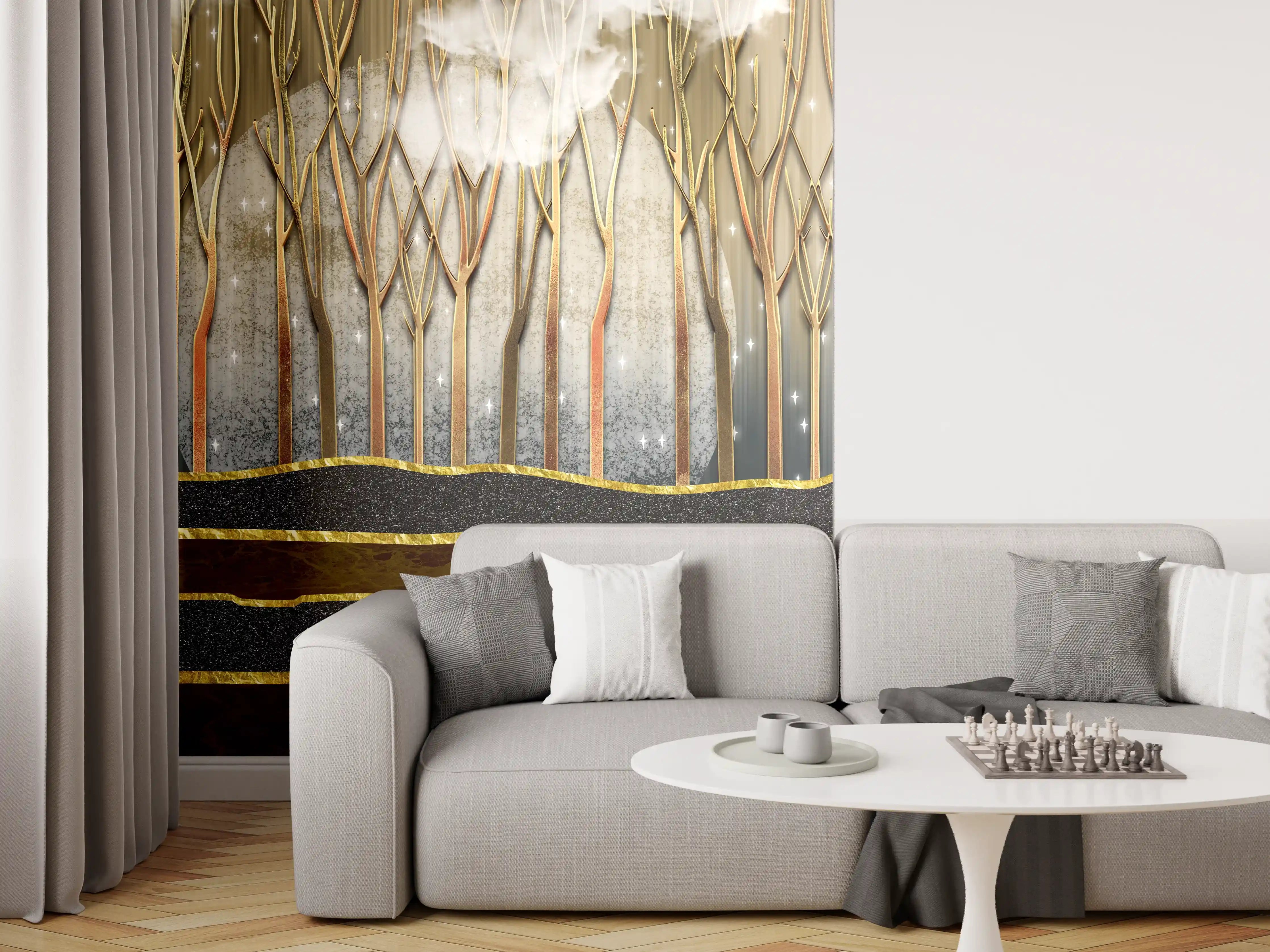Wandverkleidung Wohnzimmer - Landschafts Kunst- goldene Bäume