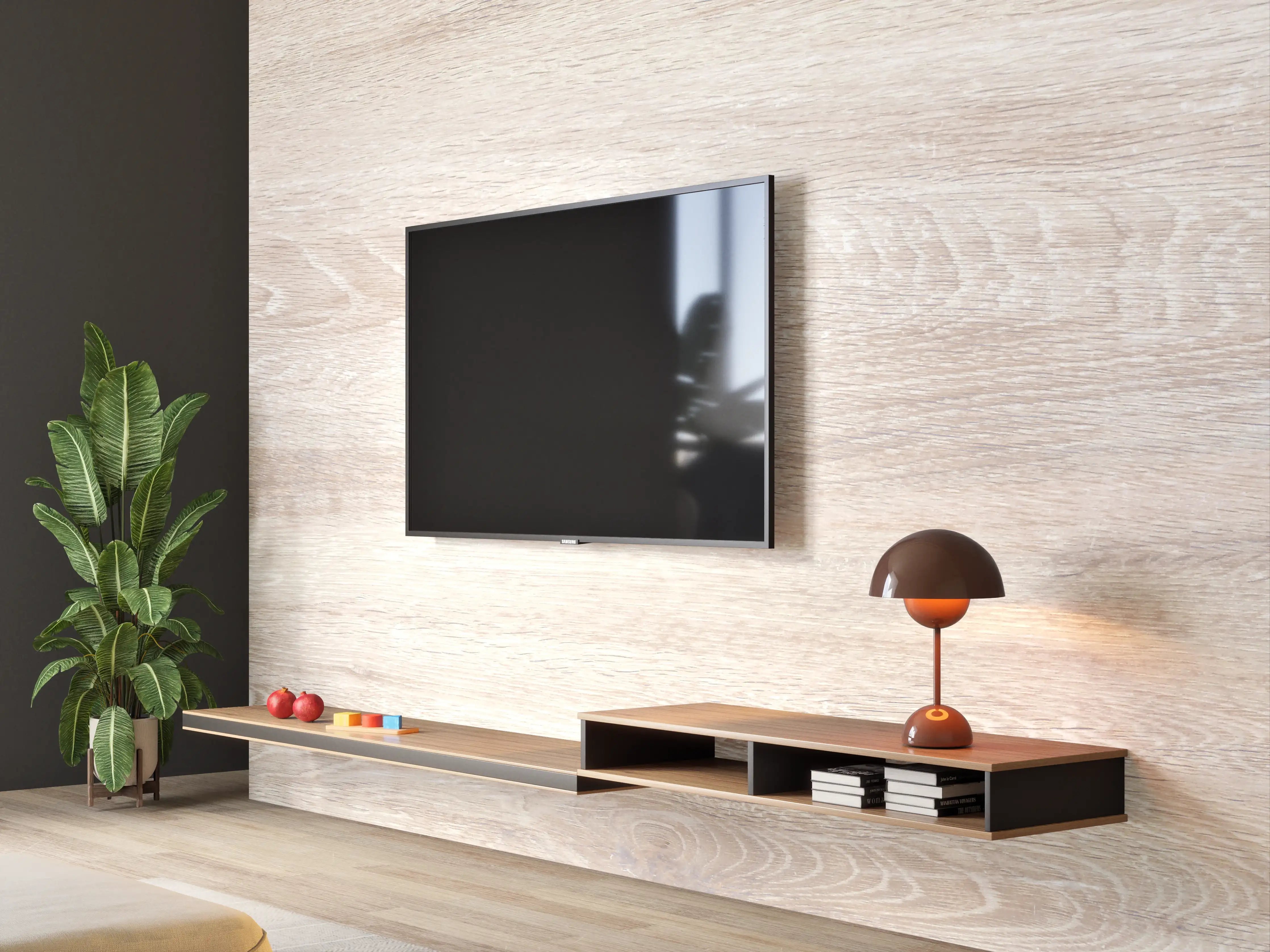Wandverkleidung Wohnzimmer - Lange beige Holzplatte