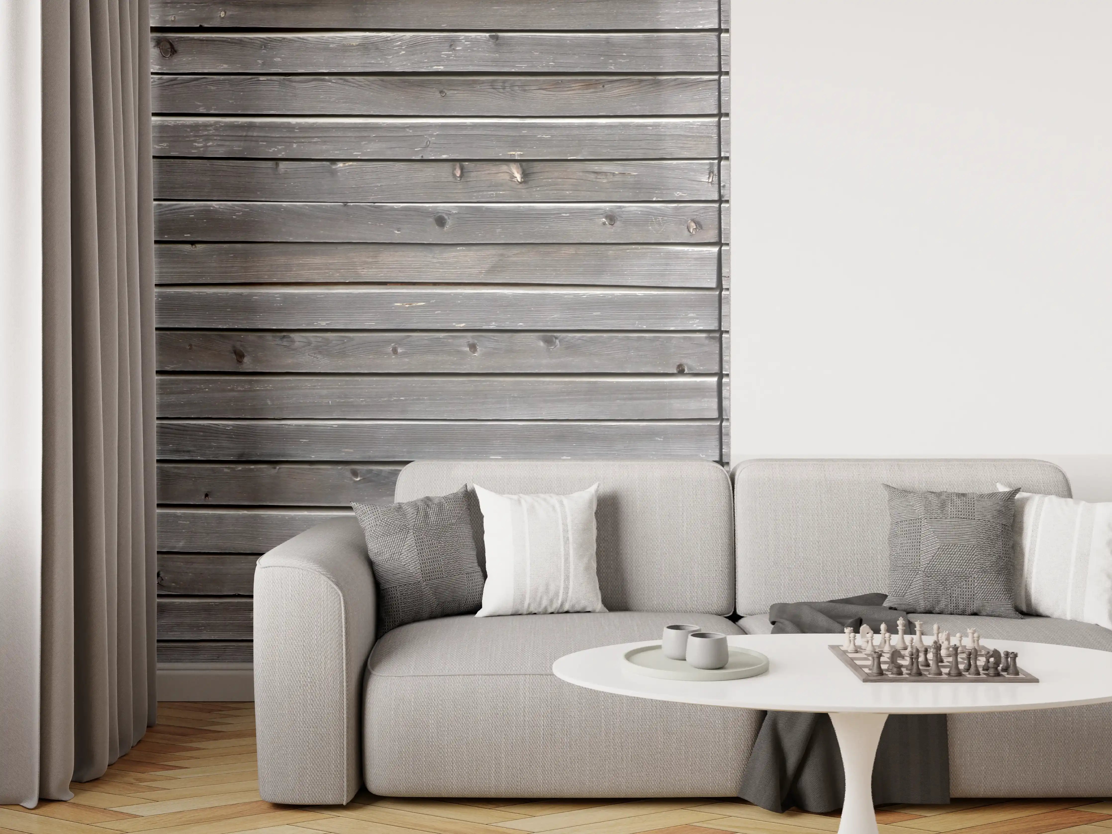 Wandverkleidung Wohnzimmer - Langer grauer Holzzaun