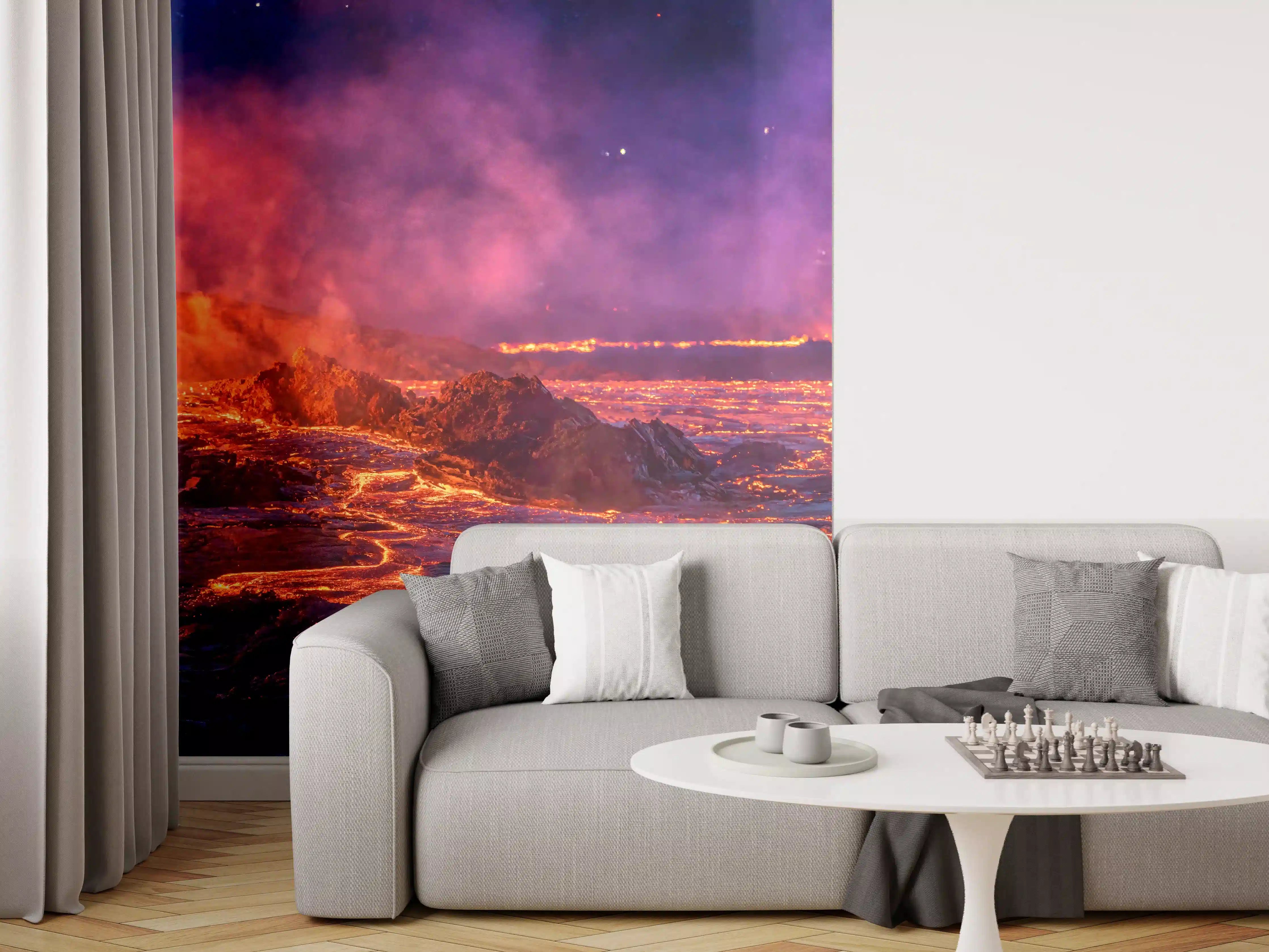 Wandverkleidung Wohnzimmer - Lavastrom aus dem ausbrechenden Vulkankrater