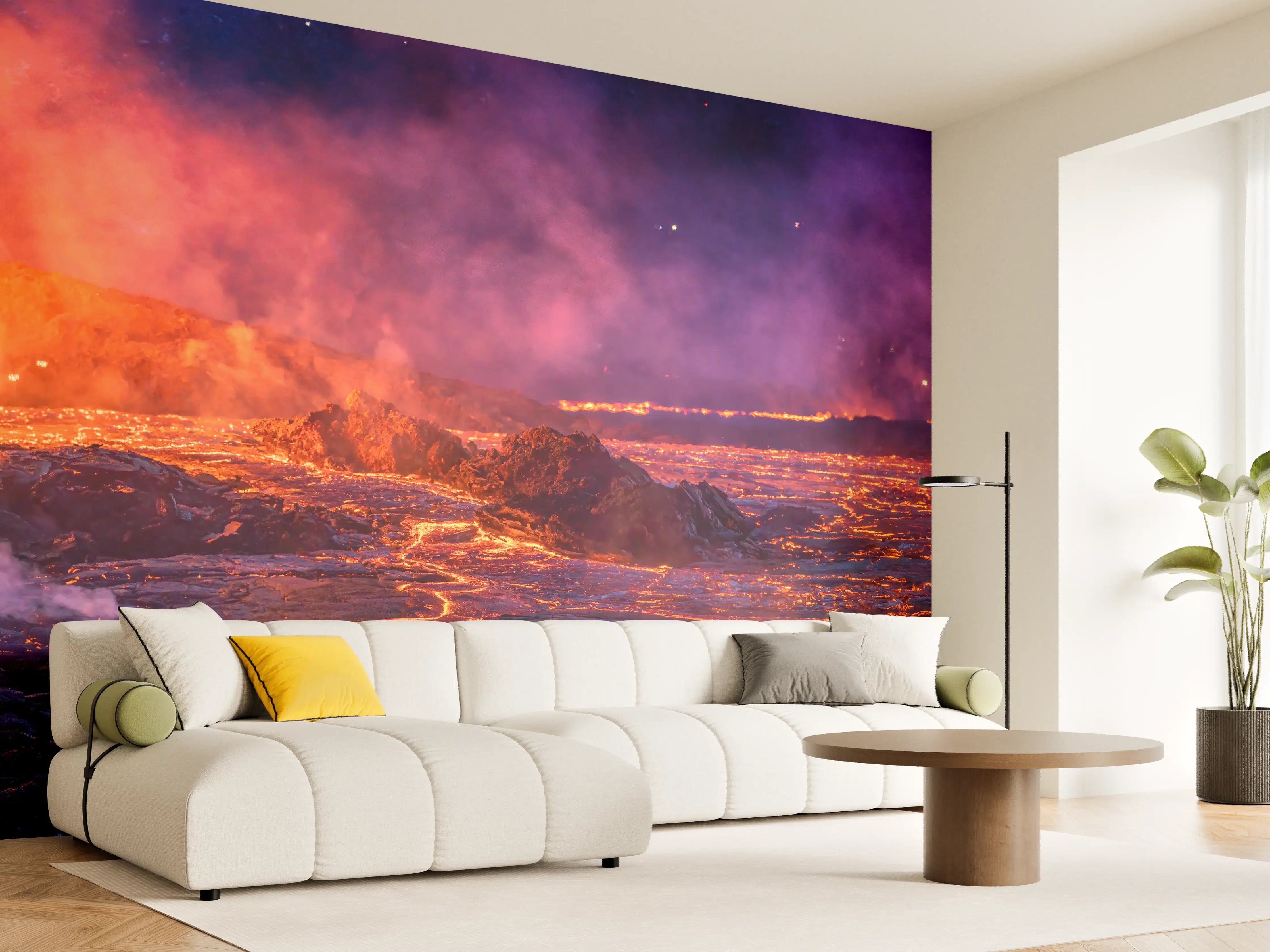 Wandverkleidung Wohnzimmer - Lavastrom aus dem ausbrechenden Vulkankrater