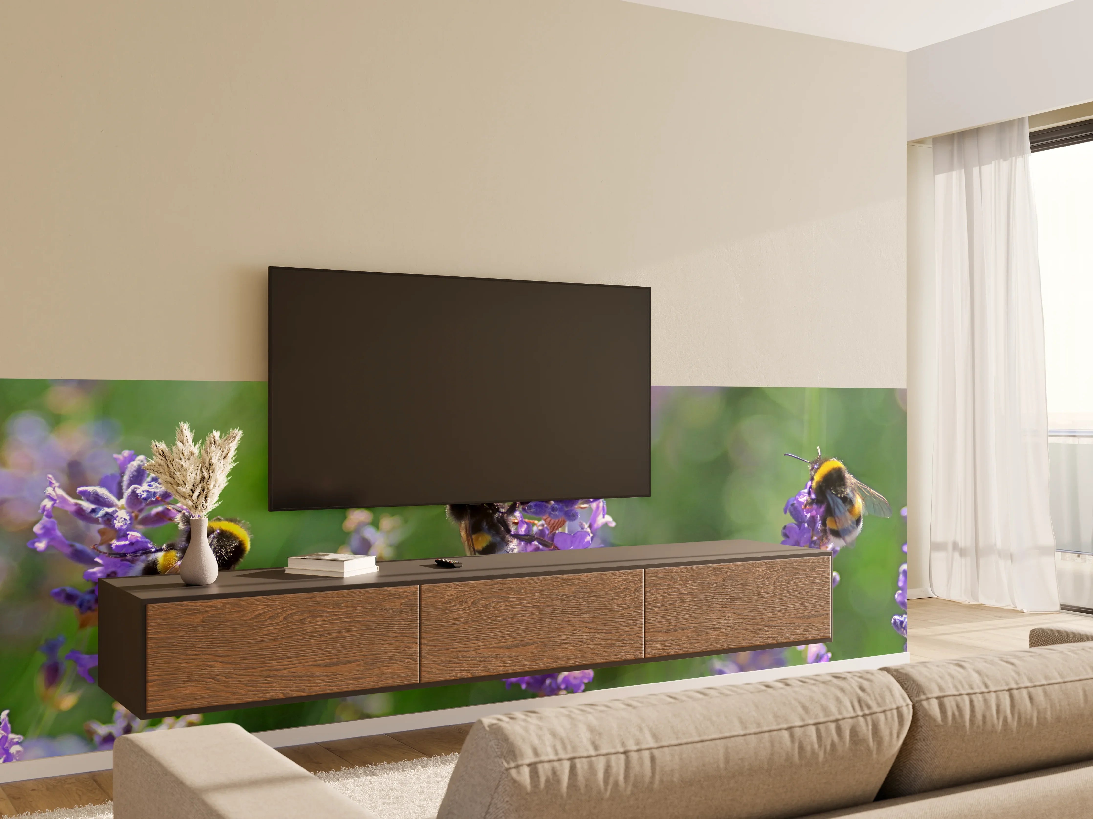 Wandverkleidung Wohnzimmer - Lavendelblüten mit Hummeln