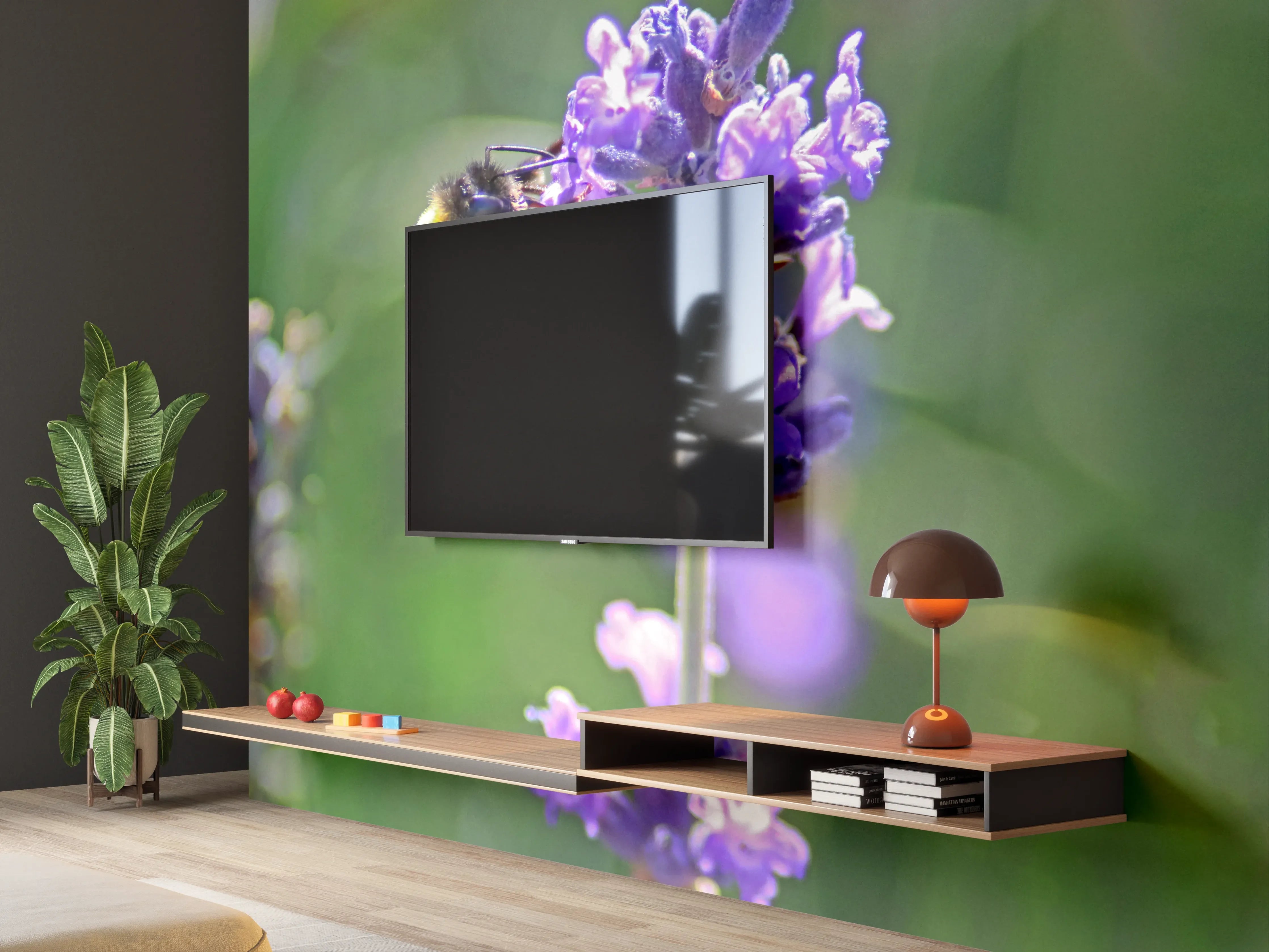 Wandverkleidung Wohnzimmer - Lavendelblüten mit Hummeln