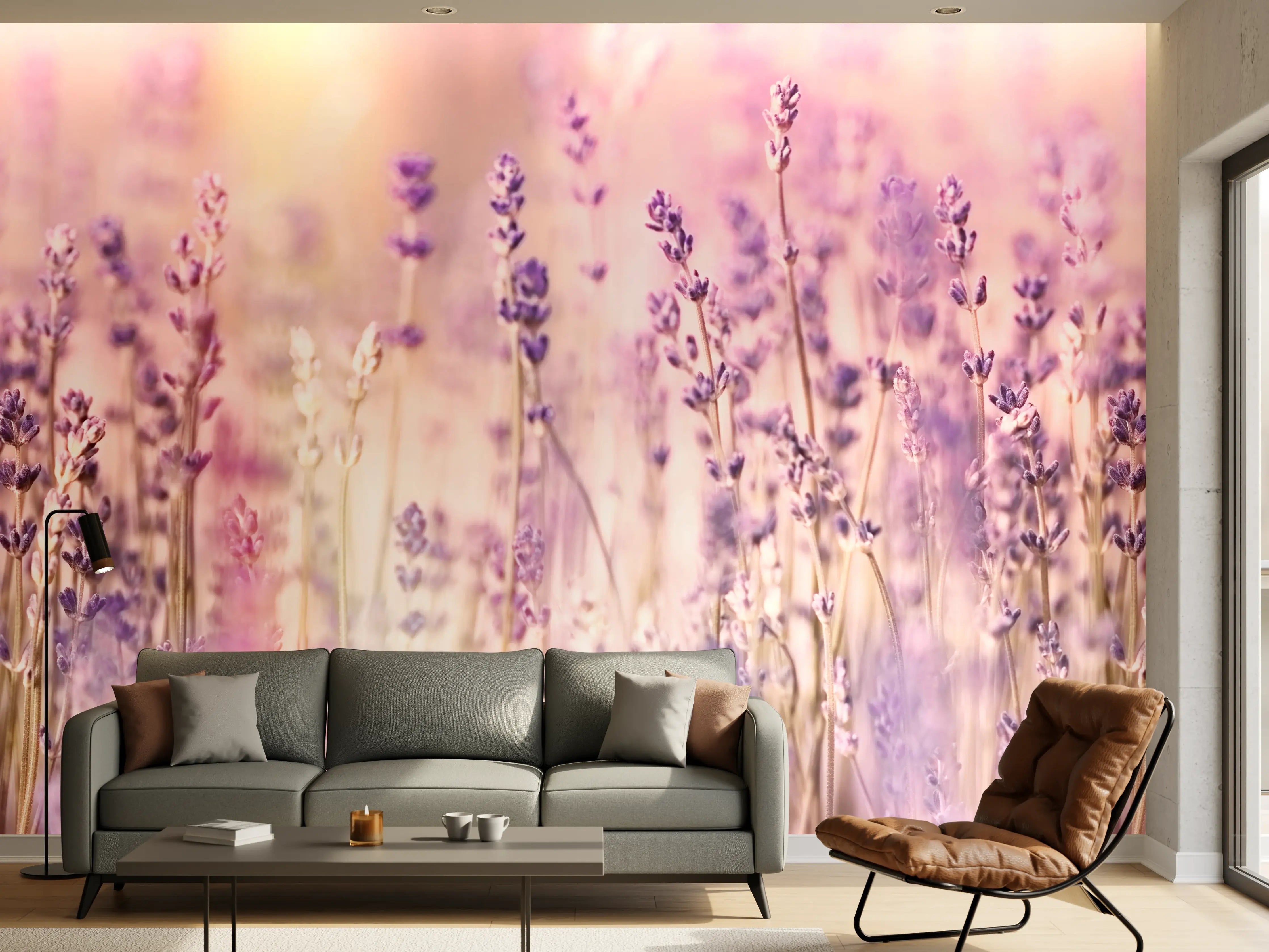 Wandverkleidung Wohnzimmer - Lavendelfeld Pastell Lila Rosa