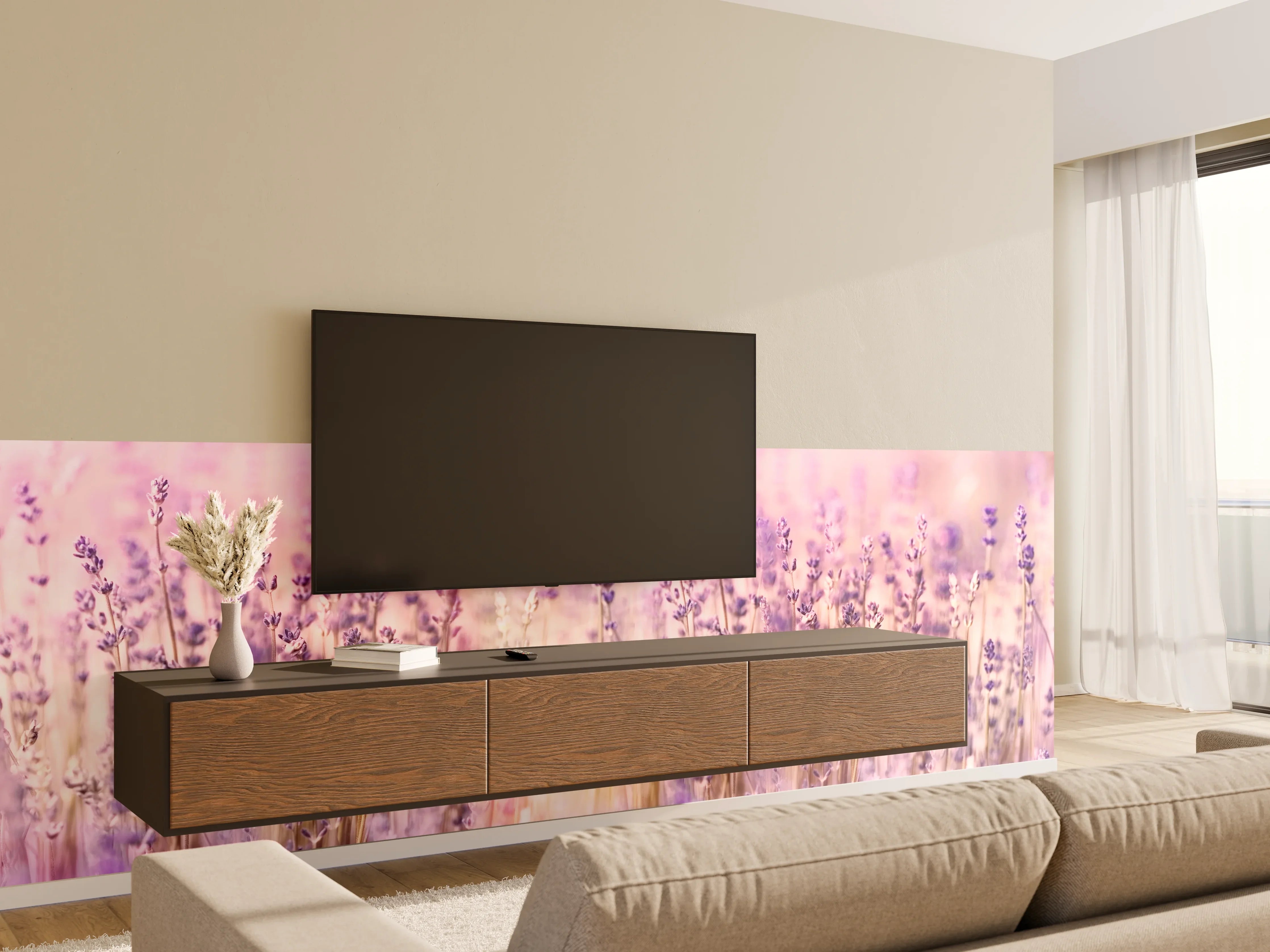 Wandverkleidung Wohnzimmer - Lavendelfeld Pastell Lila Rosa