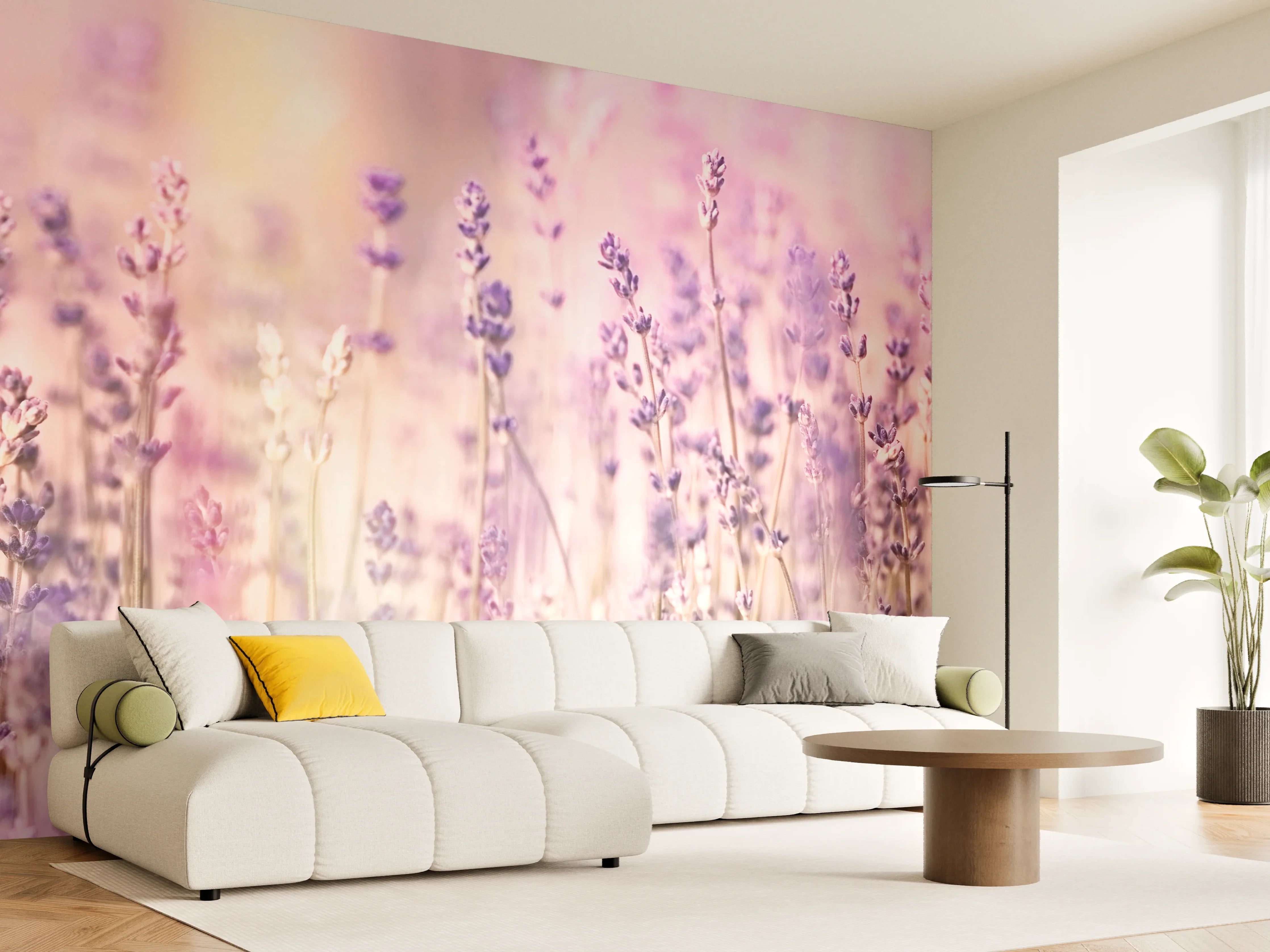Wandverkleidung Wohnzimmer - Lavendelfeld Pastell Lila Rosa
