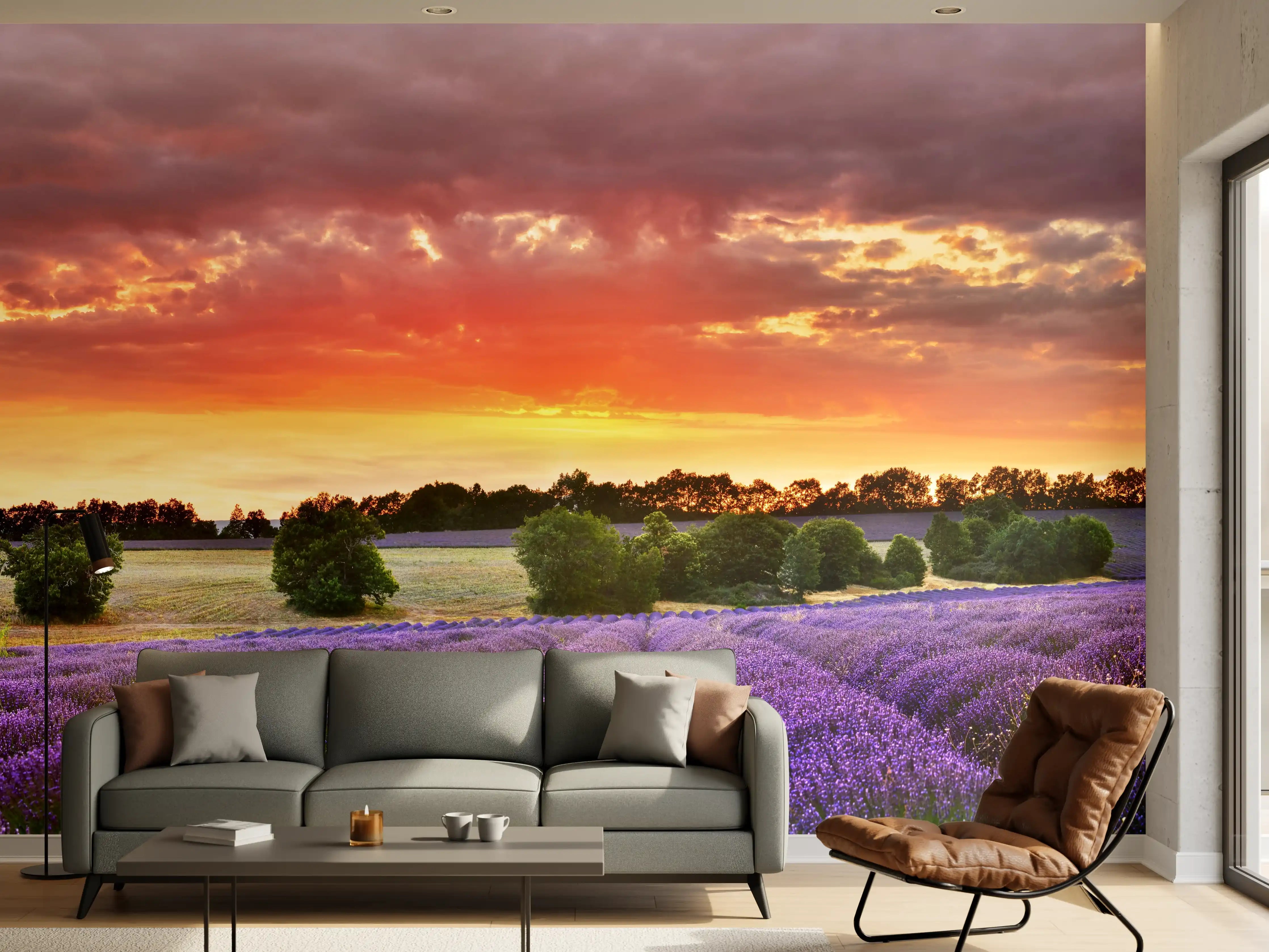 Wandverkleidung Wohnzimmer - Lavendelfeld bei Sonnenuntergang