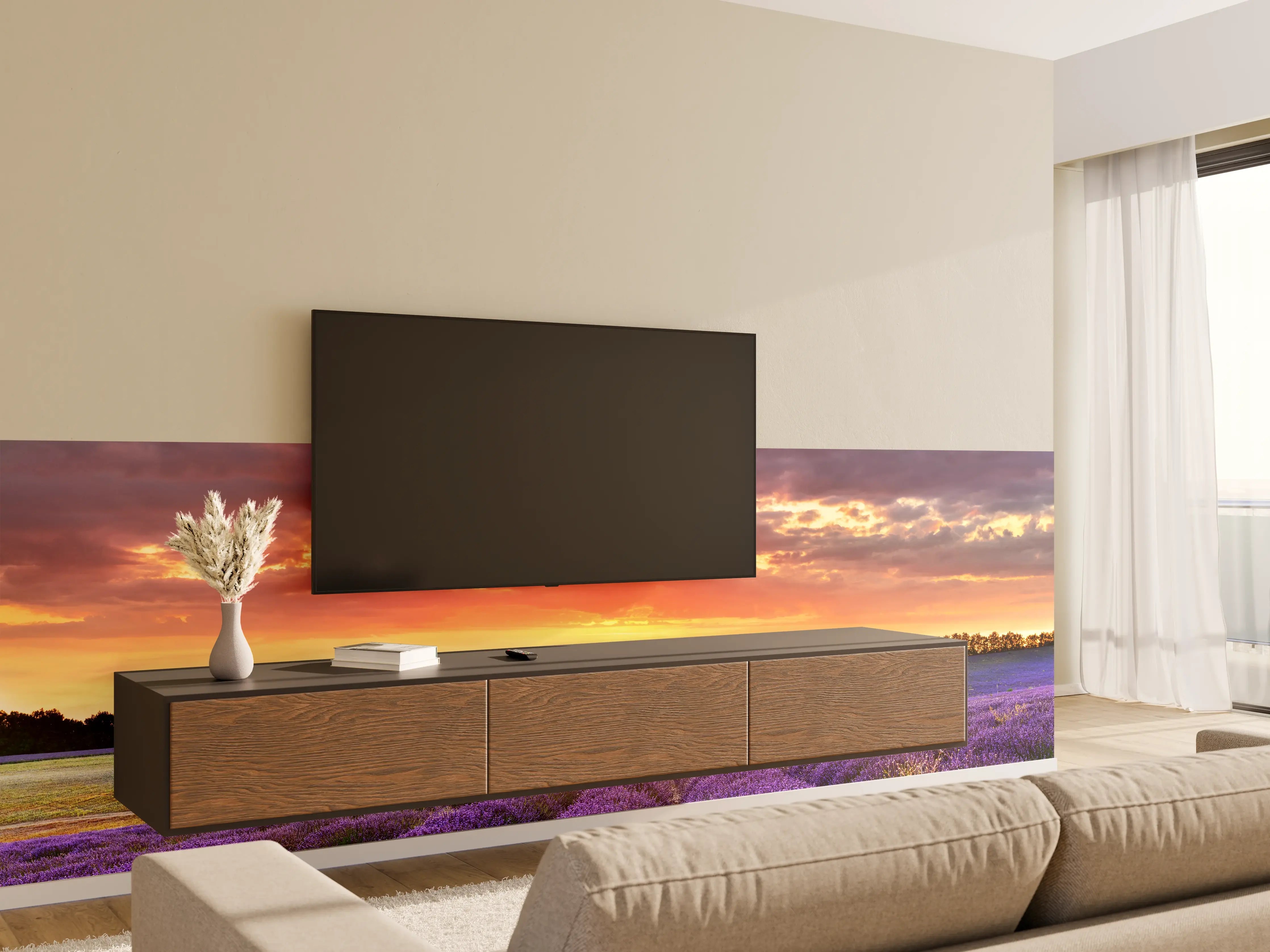 Wandverkleidung Wohnzimmer - Lavendelfeld bei Sonnenuntergang