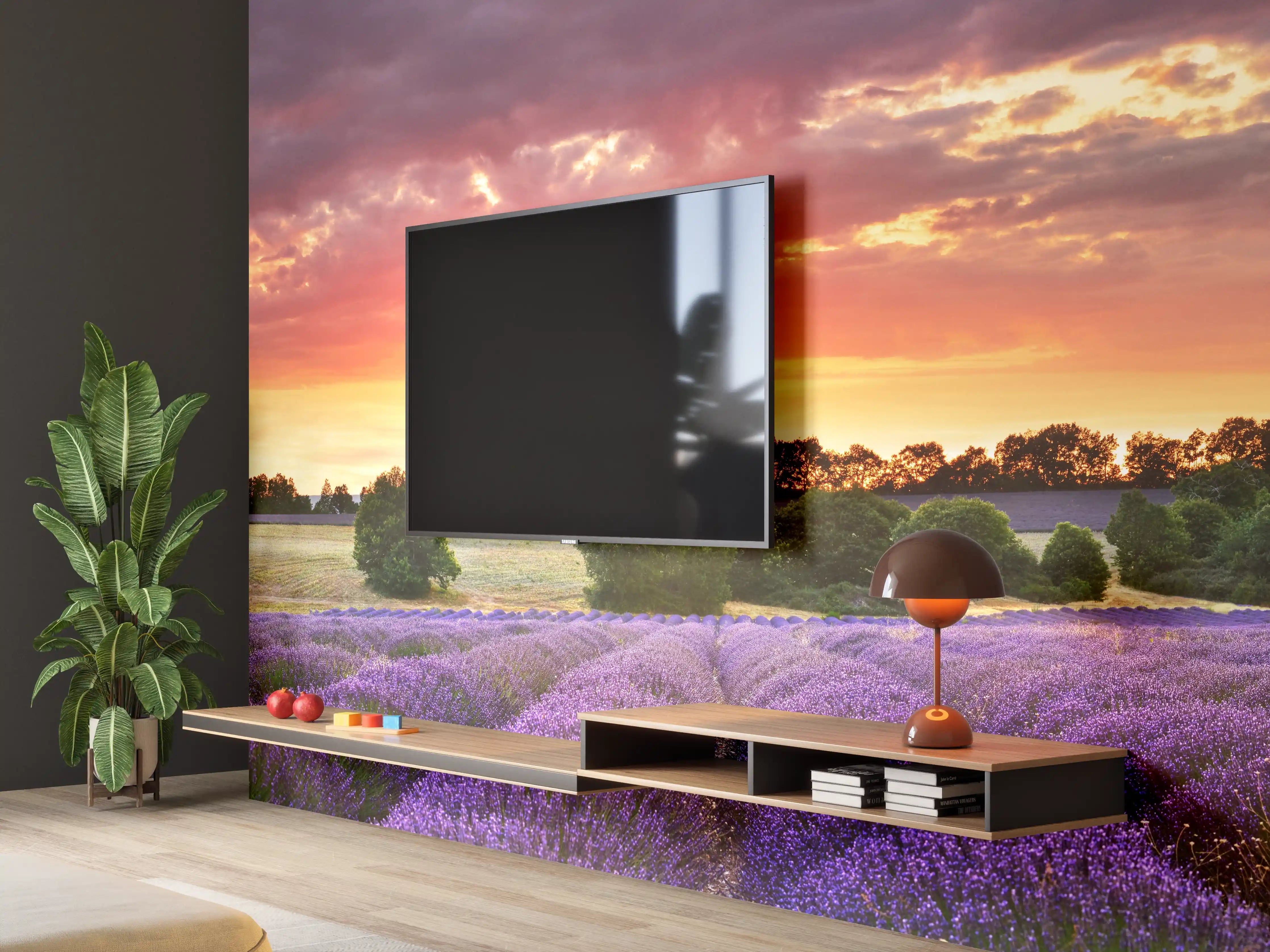 Wandverkleidung Wohnzimmer - Lavendelfeld bei Sonnenuntergang