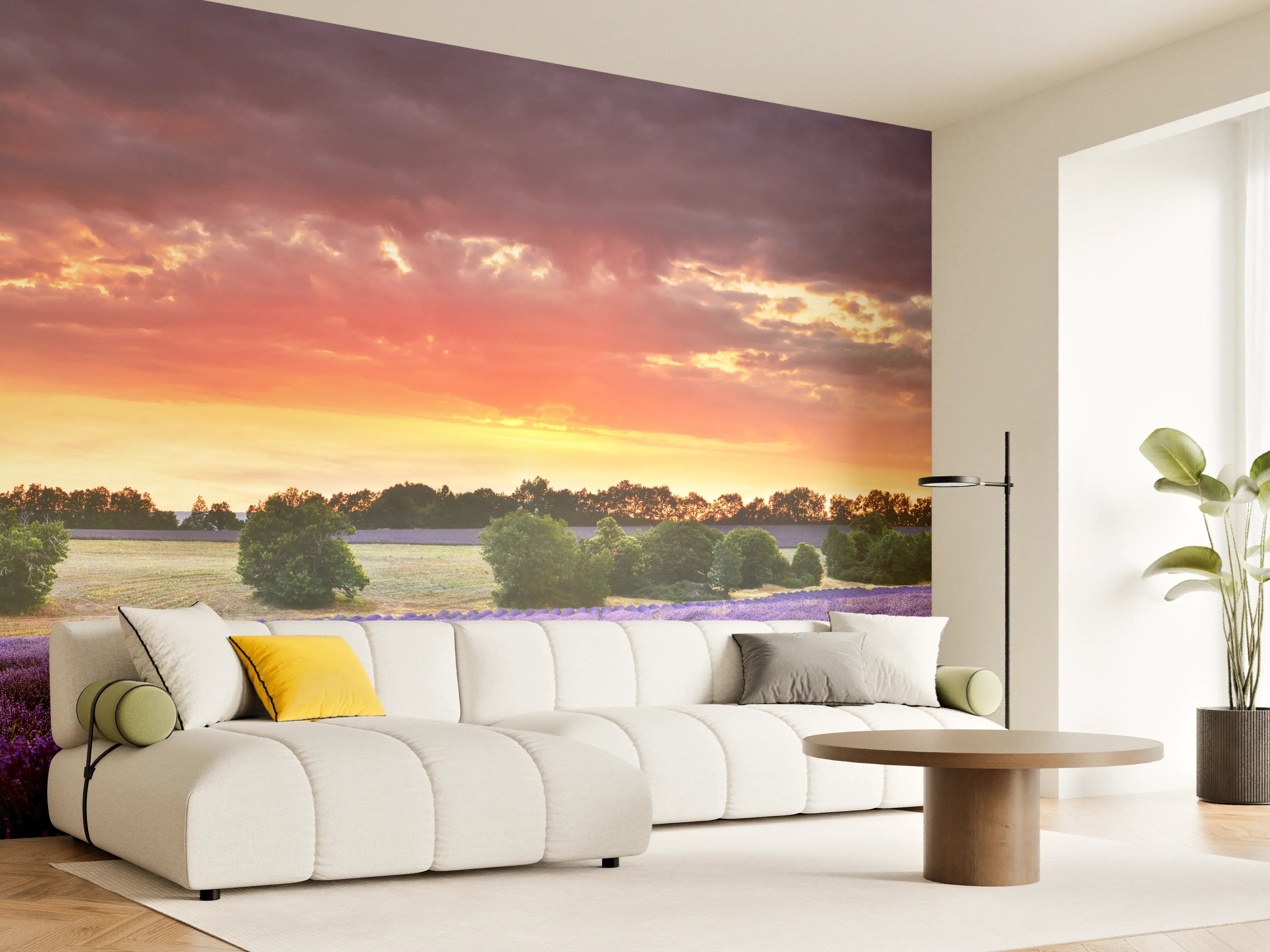 Wandverkleidung Wohnzimmer - Lavendelfeld bei Sonnenuntergang