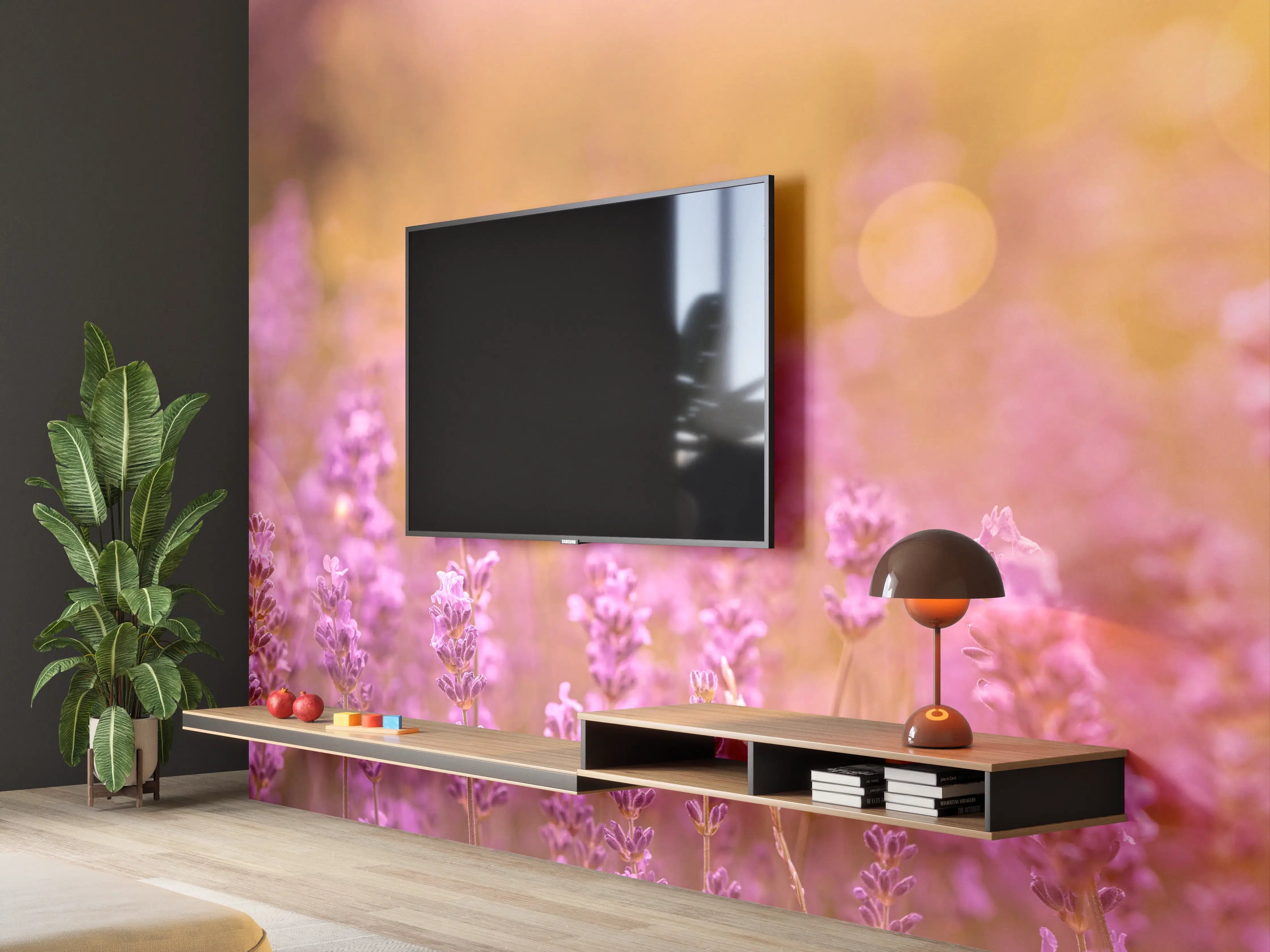 Wandverkleidung Wohnzimmer - Lavendelfeld im warmen Abendlicht