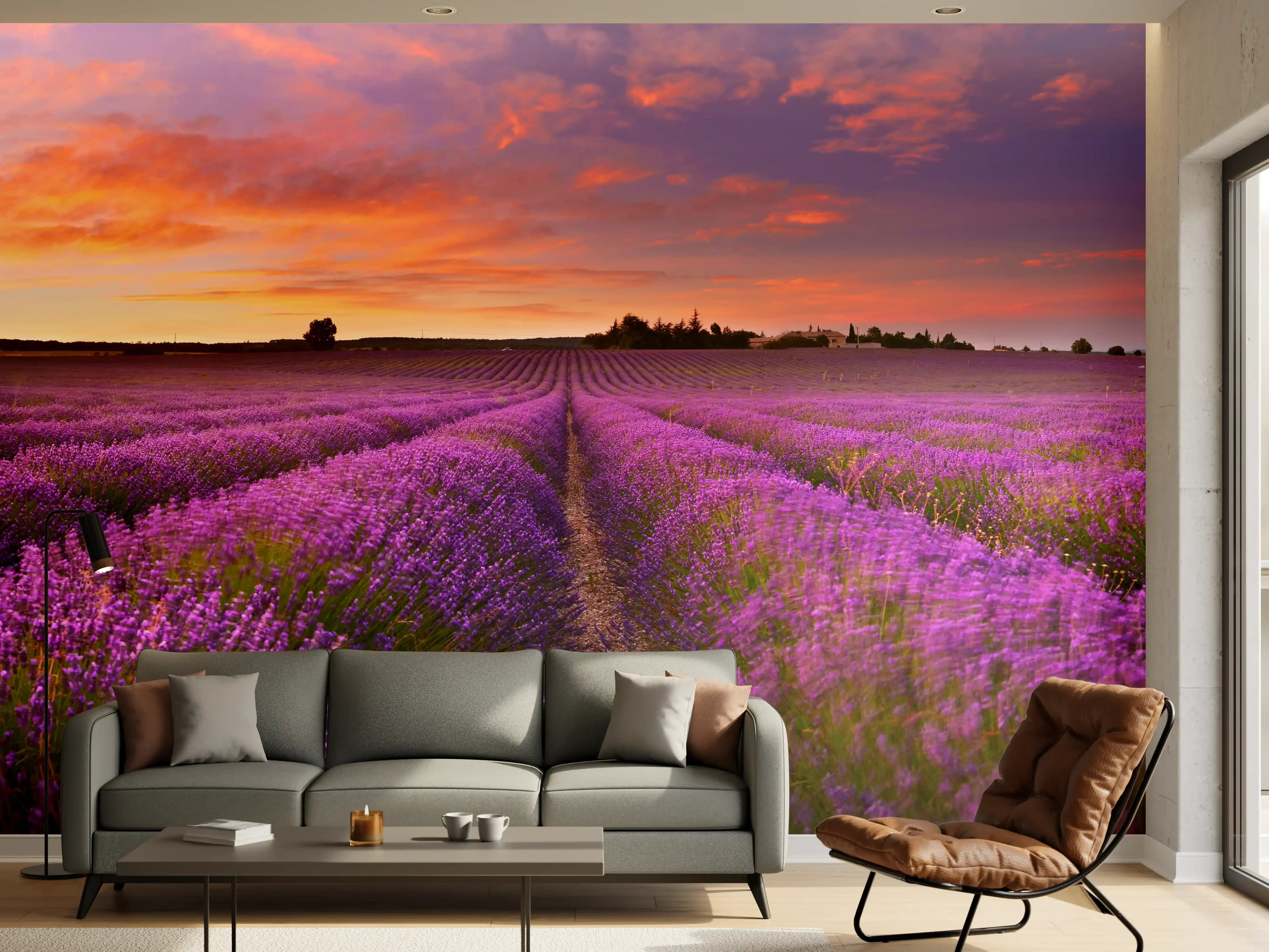 Wandverkleidung Wohnzimmer - Lavendelfeld in der Morgendämmerung