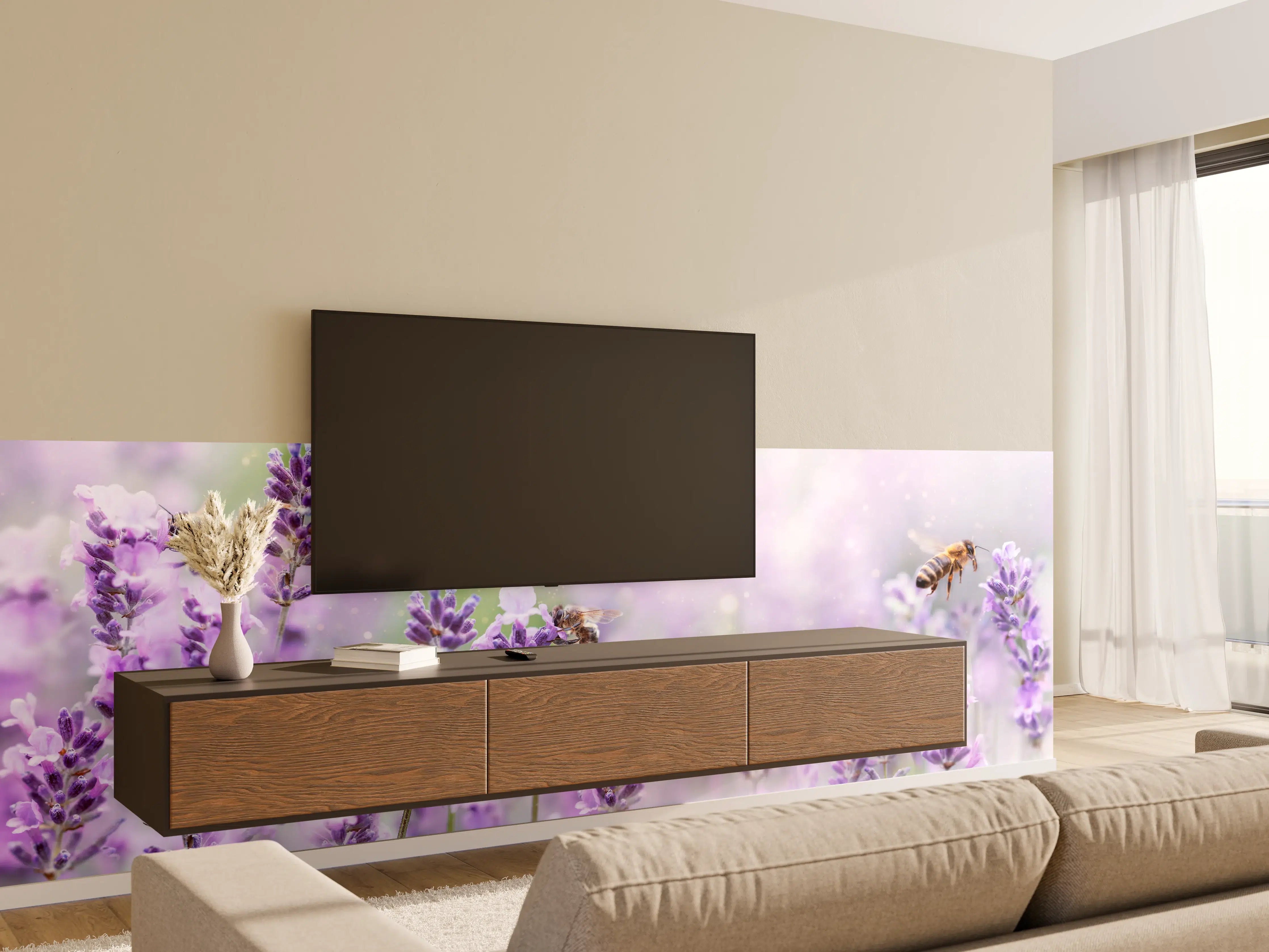 Wandverkleidung Wohnzimmer - Lavendelfeld mit Bienen