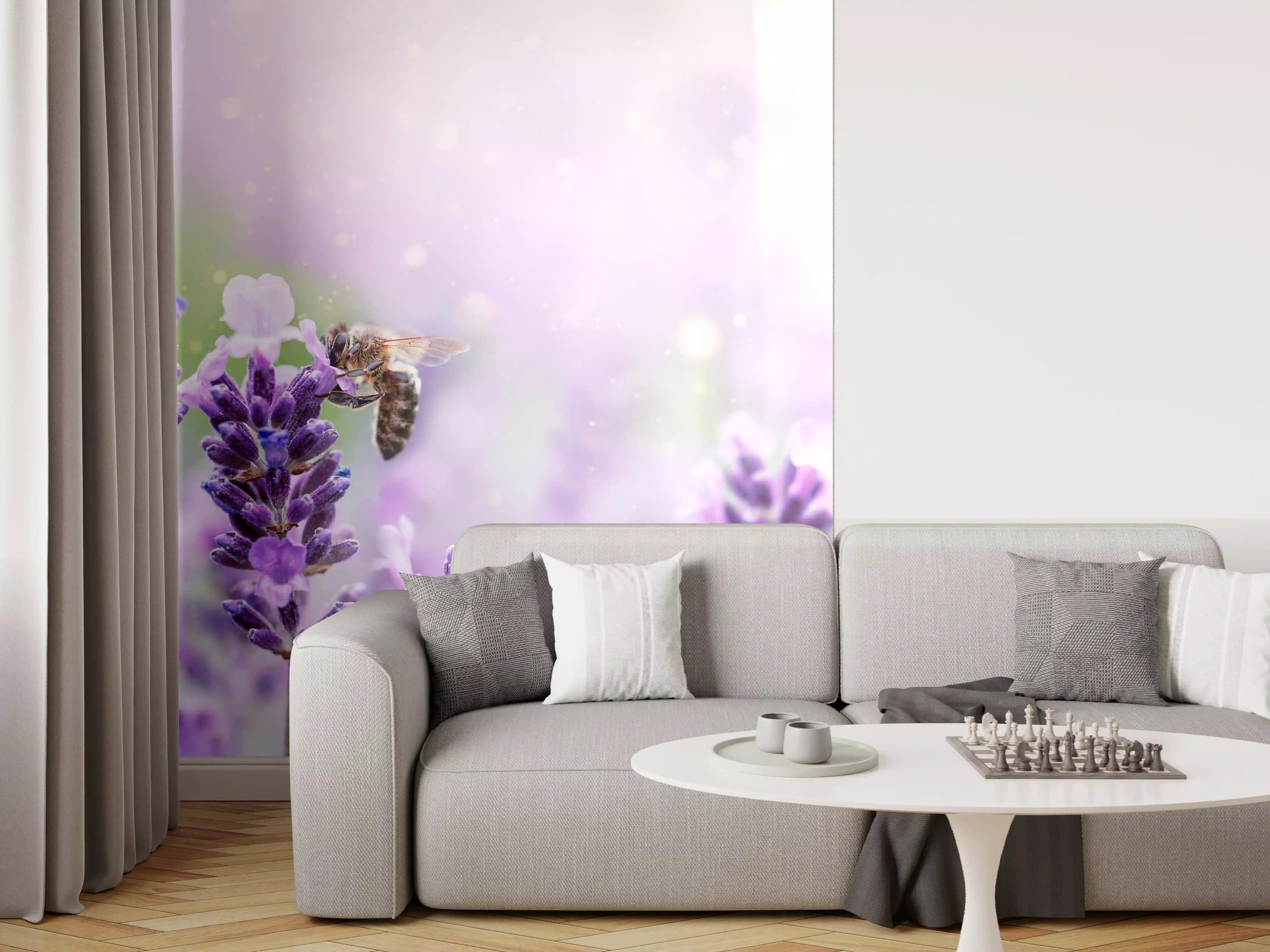 Wandverkleidung Wohnzimmer - Lavendelfeld mit Bienen