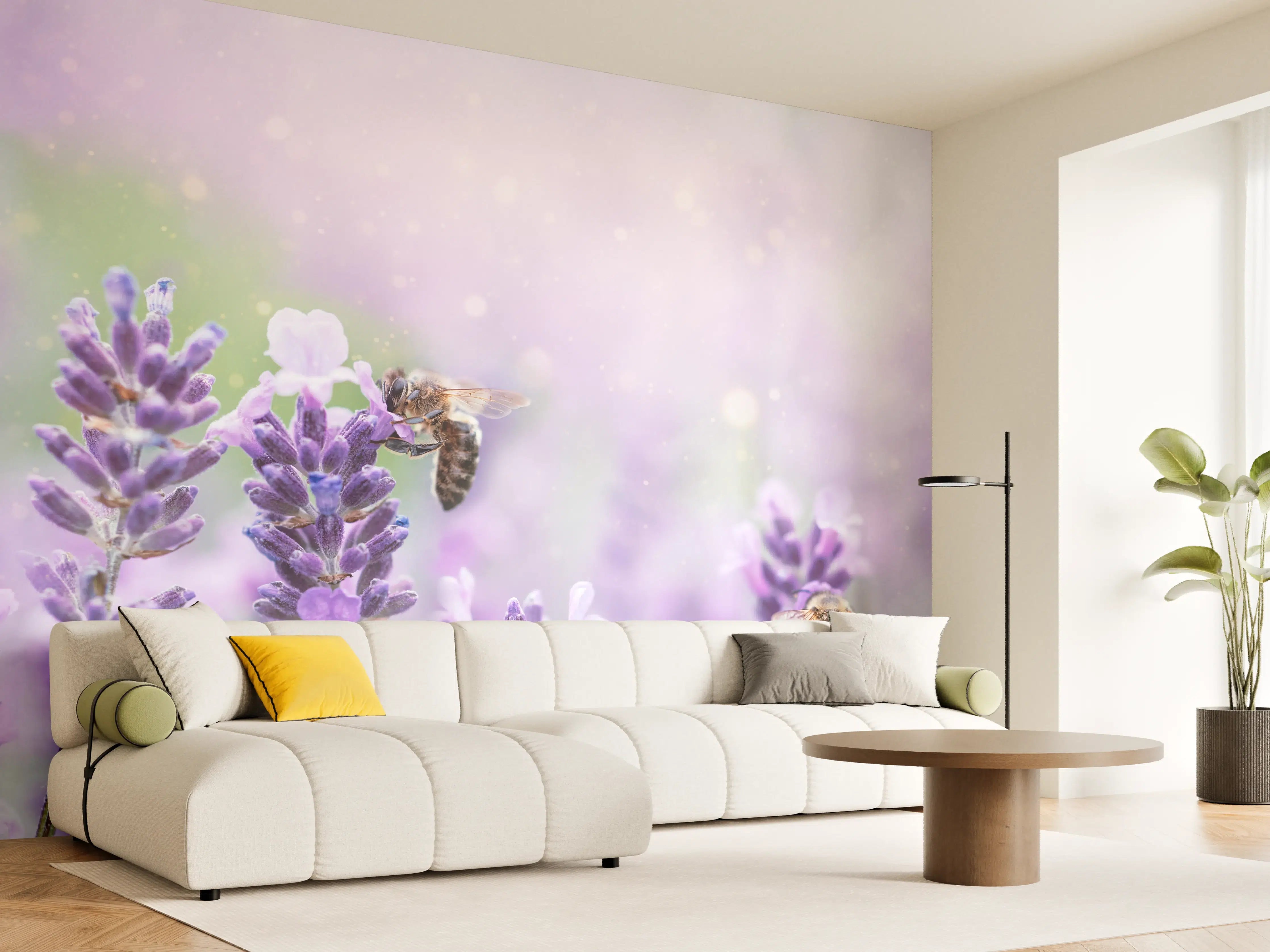 Wandverkleidung Wohnzimmer - Lavendelfeld mit Bienen