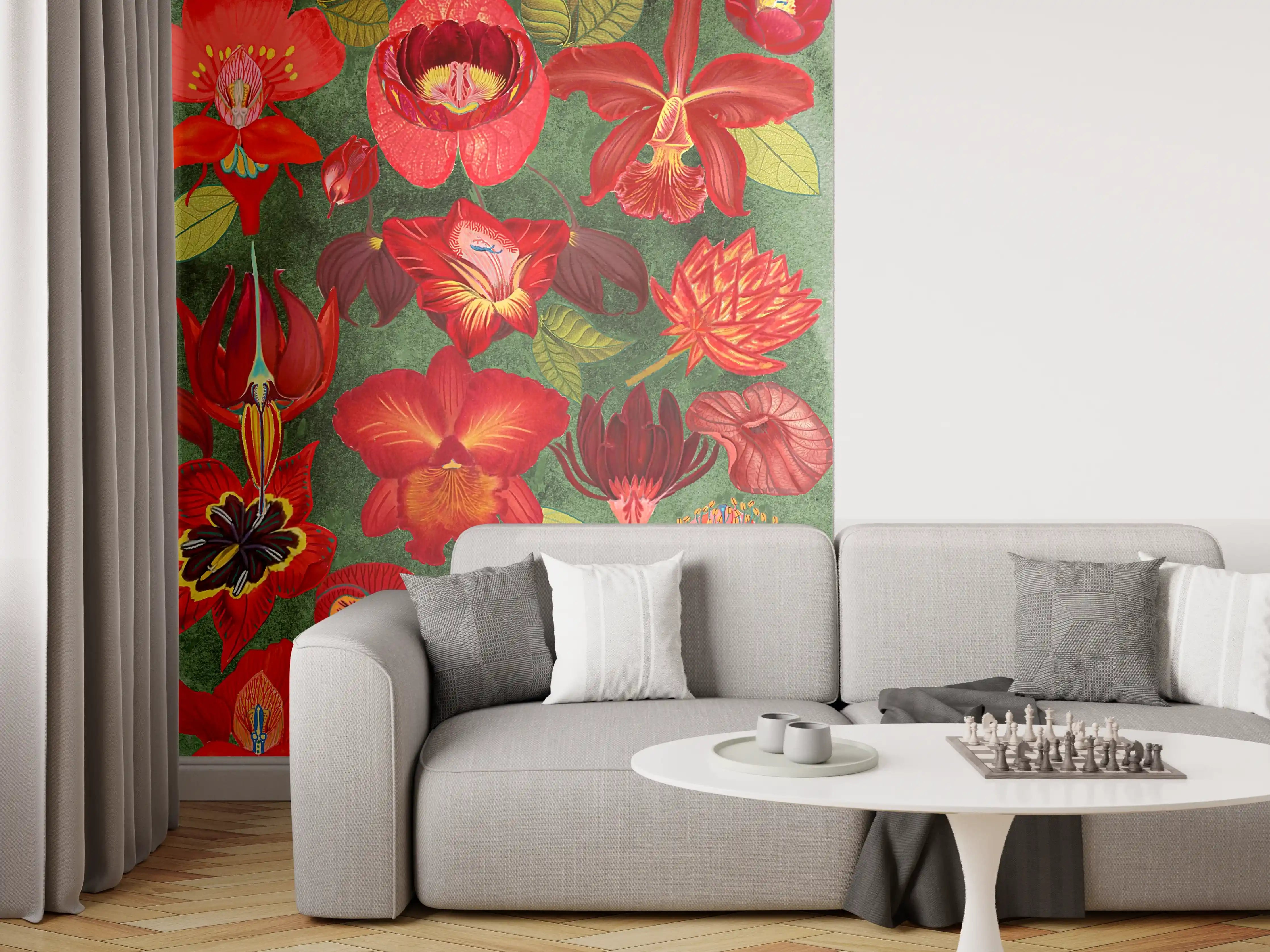 Wandverkleidung Wohnzimmer - Lebendige Blumenpracht auf grüner Hintergrundfläche