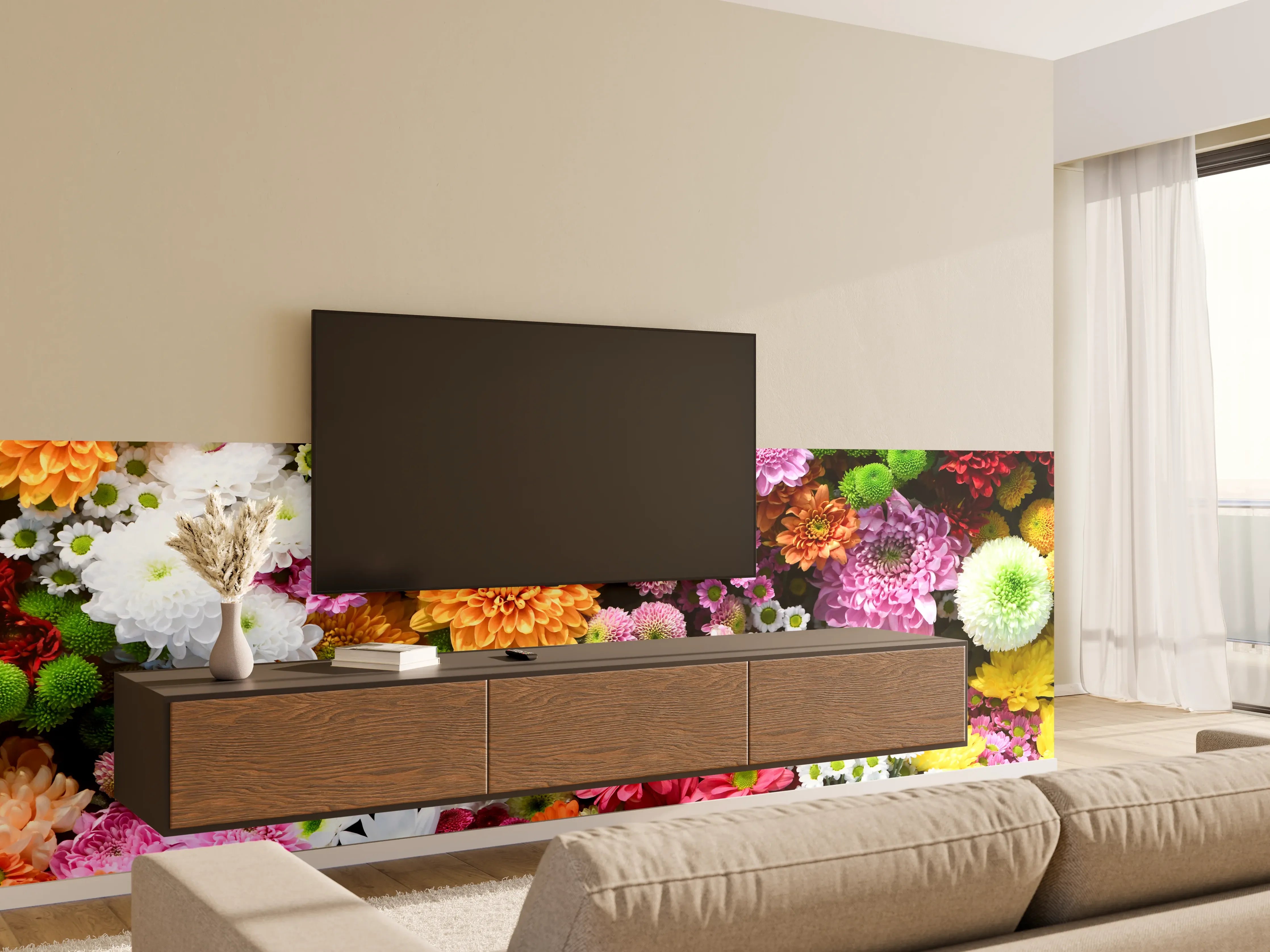 Wandverkleidung Wohnzimmer - Lebendige Blumenvielfalt in leuchtenden Farben
