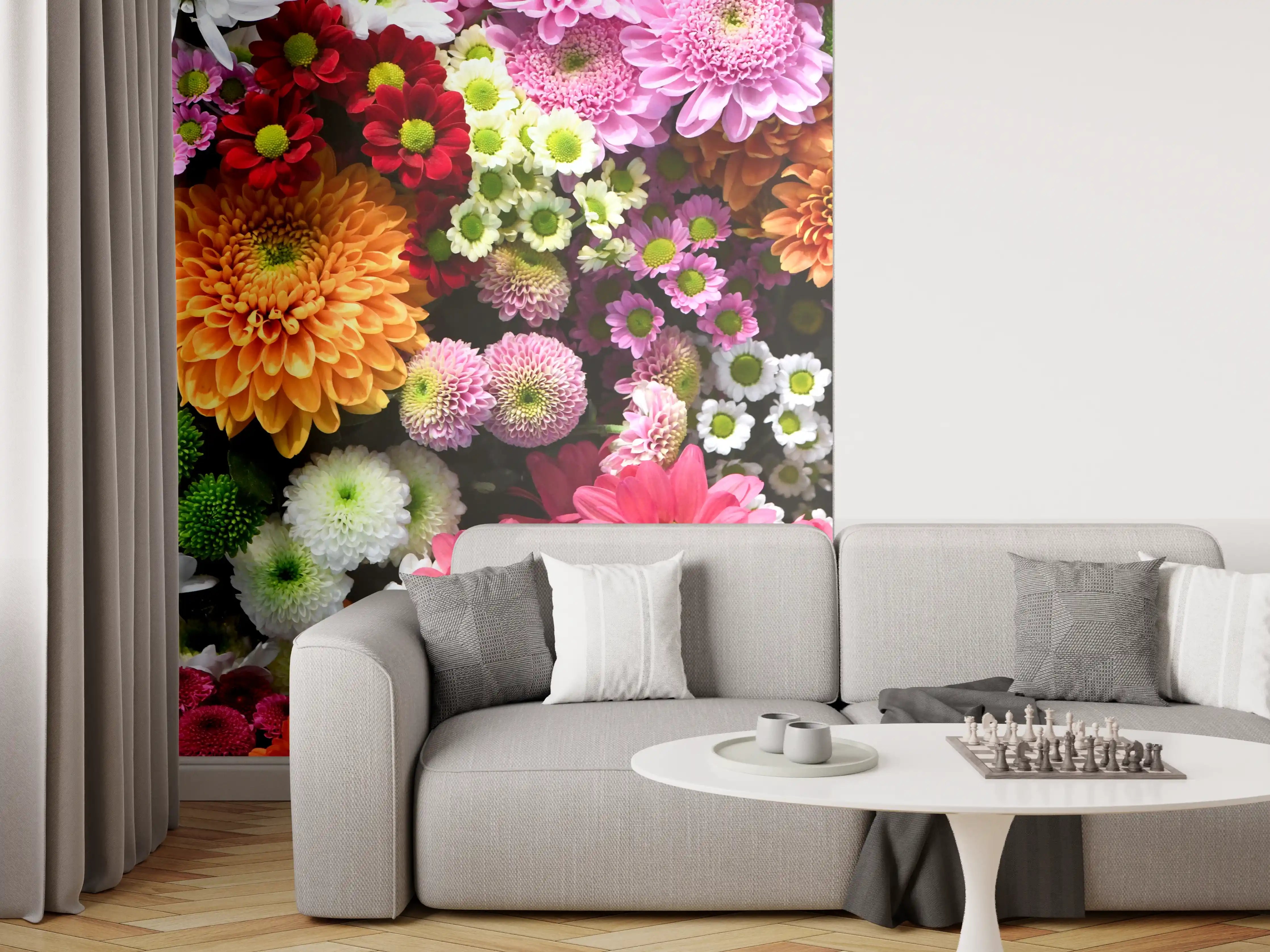 Wandverkleidung Wohnzimmer - Lebendige Blumenvielfalt in leuchtenden Farben