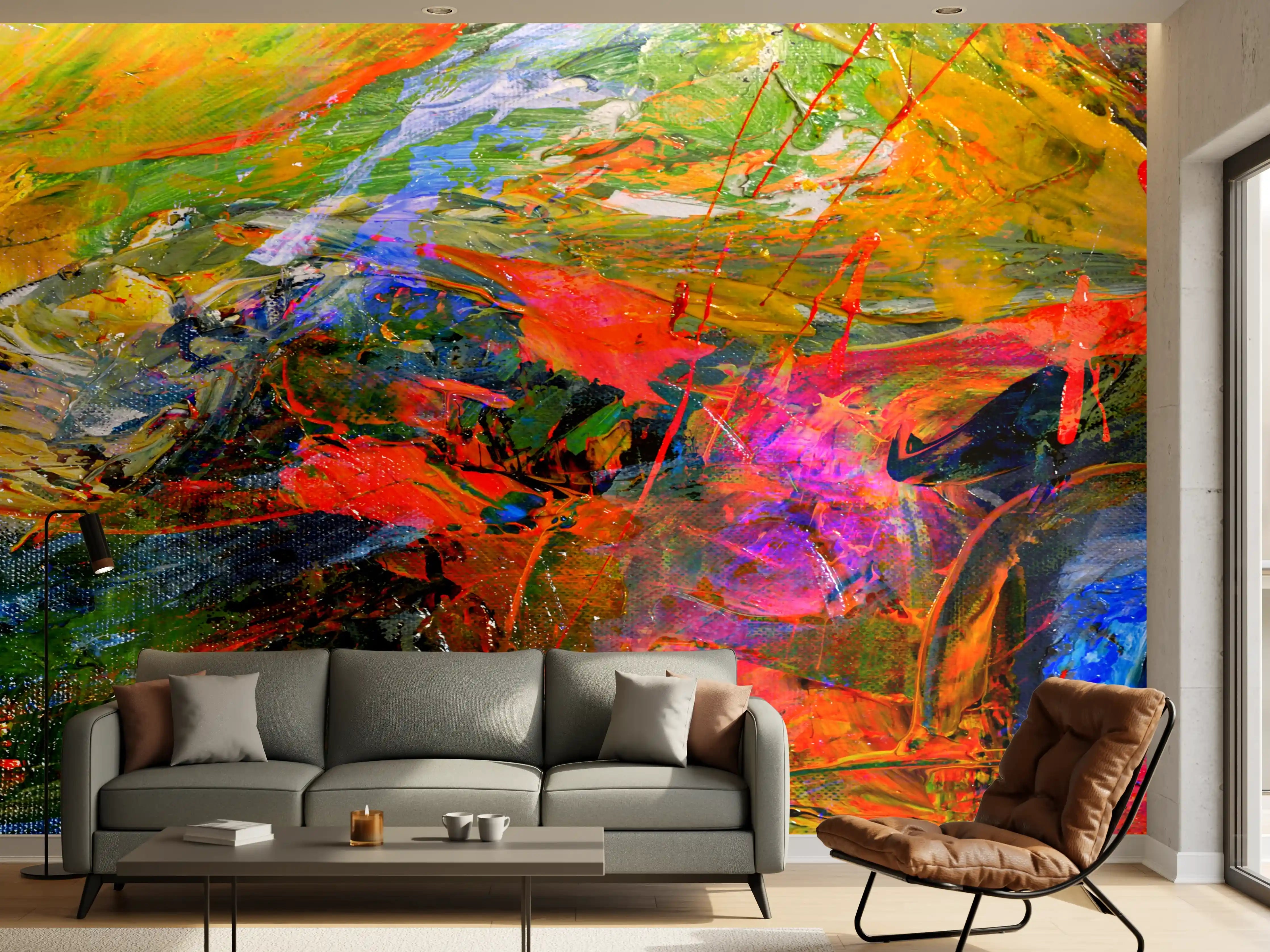 Wandverkleidung Wohnzimmer - Lebendige Farbexplosion in abstrakter Kunst