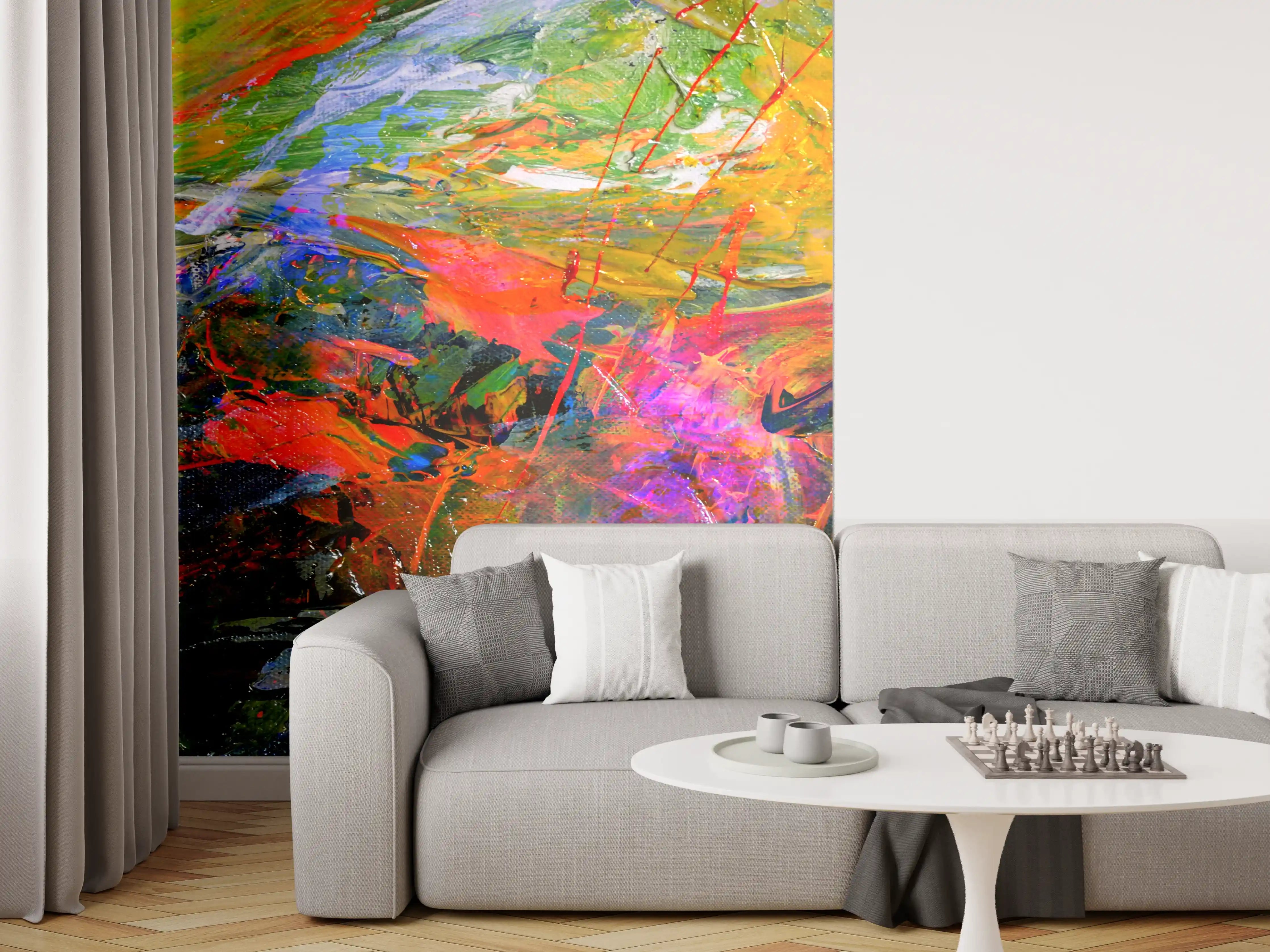 Wandverkleidung Wohnzimmer - Lebendige Farbexplosion in abstrakter Kunst