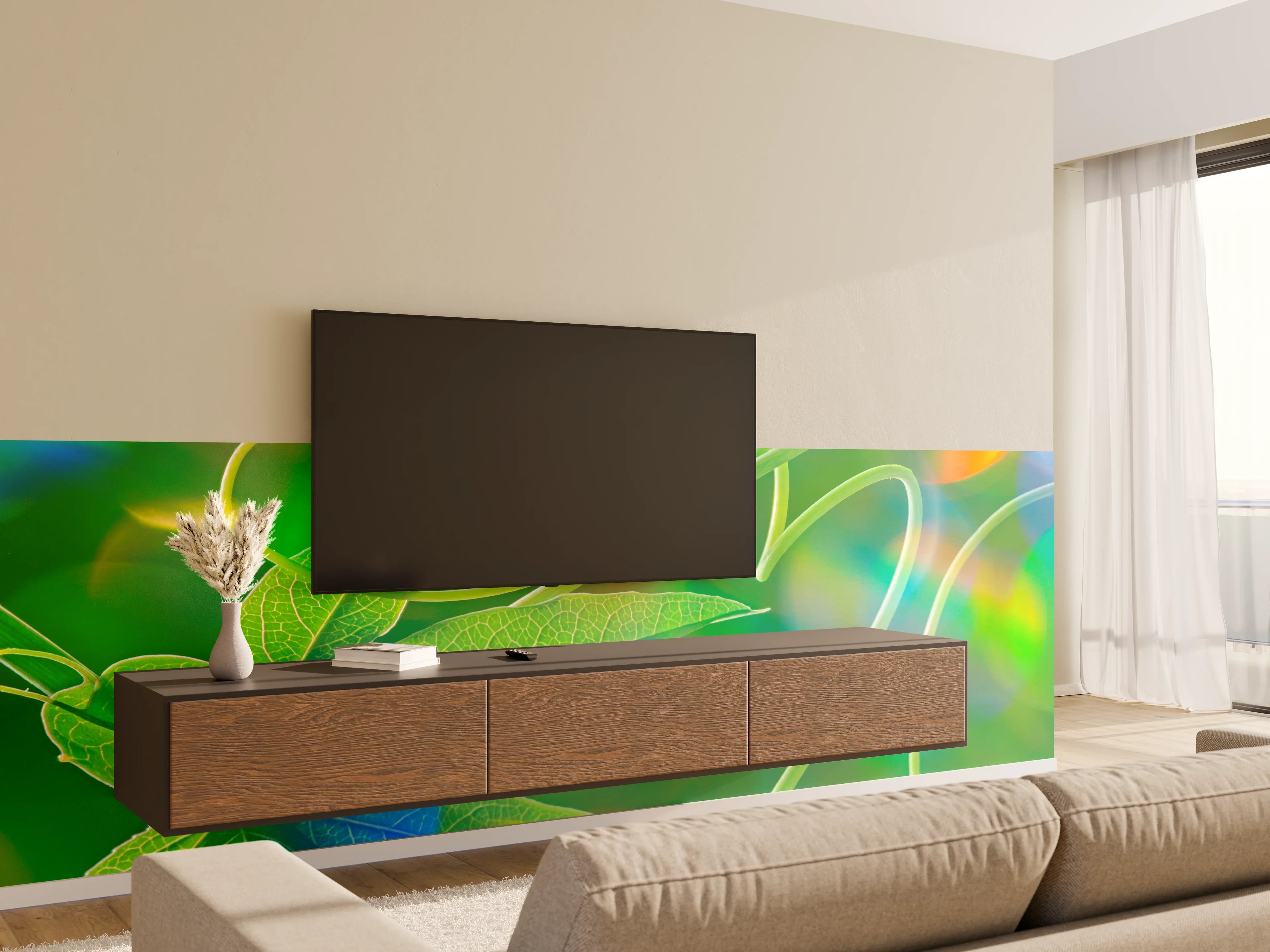 Wandverkleidung Wohnzimmer - Lebendige Gartenpflanzen in buntem Licht