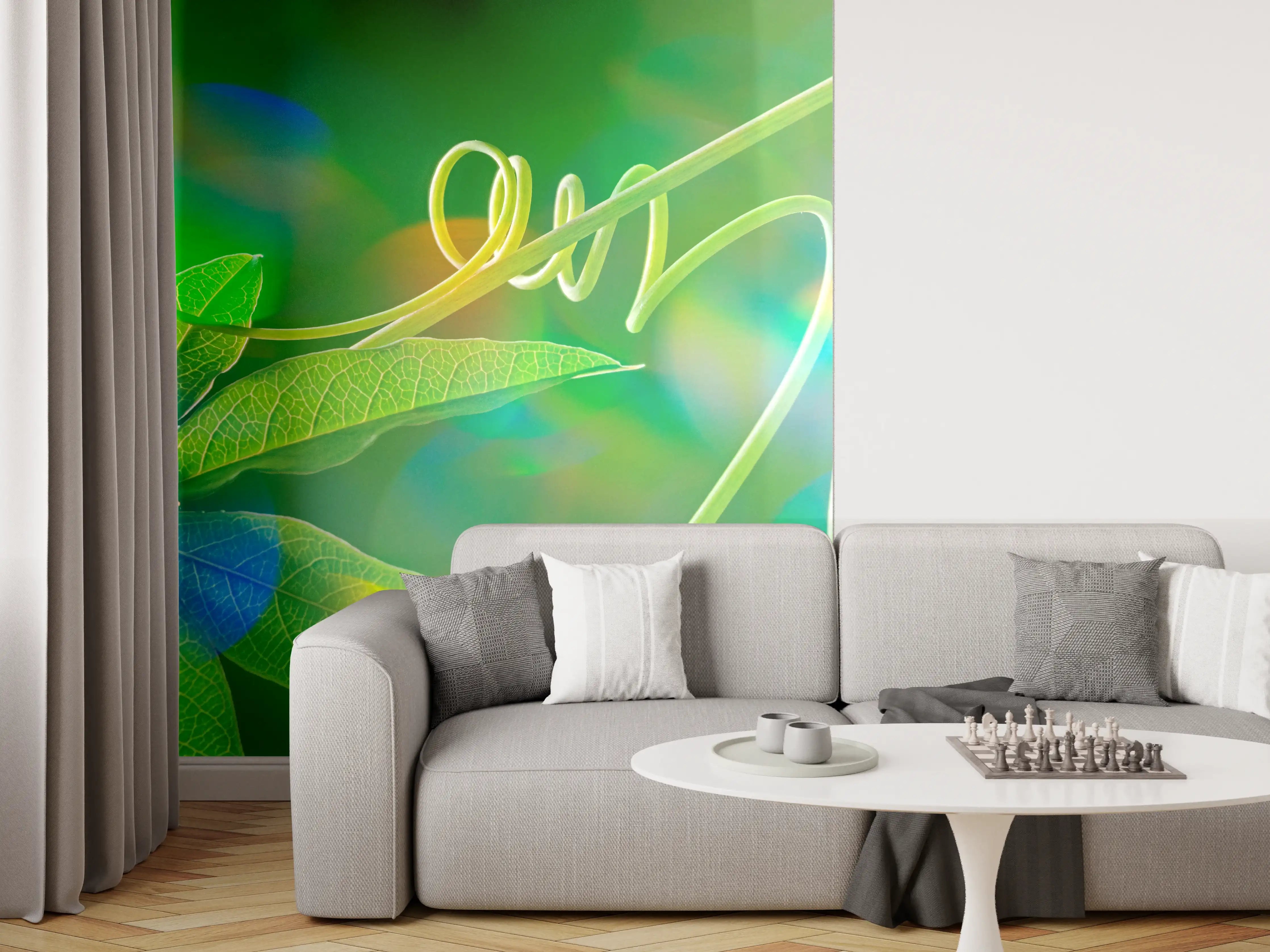 Wandverkleidung Wohnzimmer - Lebendige Gartenpflanzen in buntem Licht