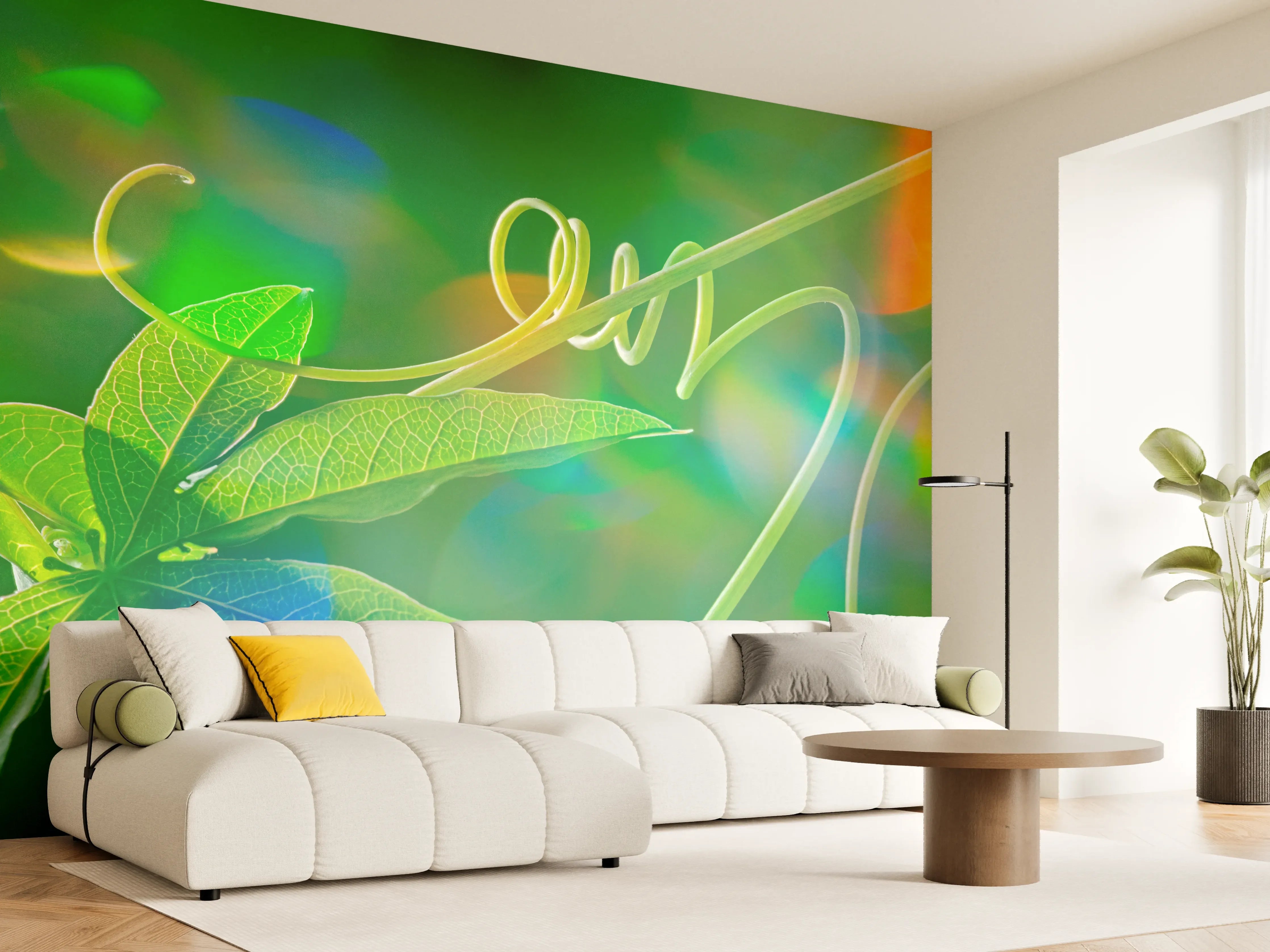 Wandverkleidung Wohnzimmer - Lebendige Gartenpflanzen in buntem Licht
