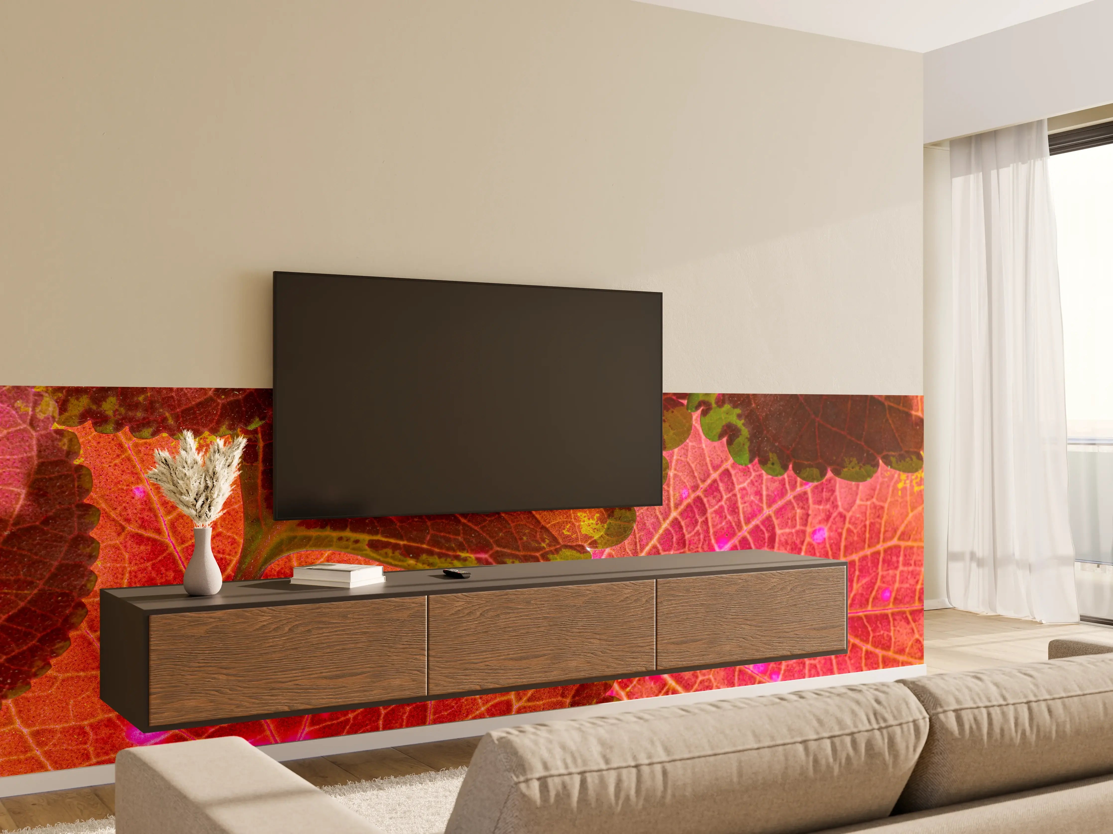 Wandverkleidung Wohnzimmer - Lebendige Herbstblätter in LED-Optik