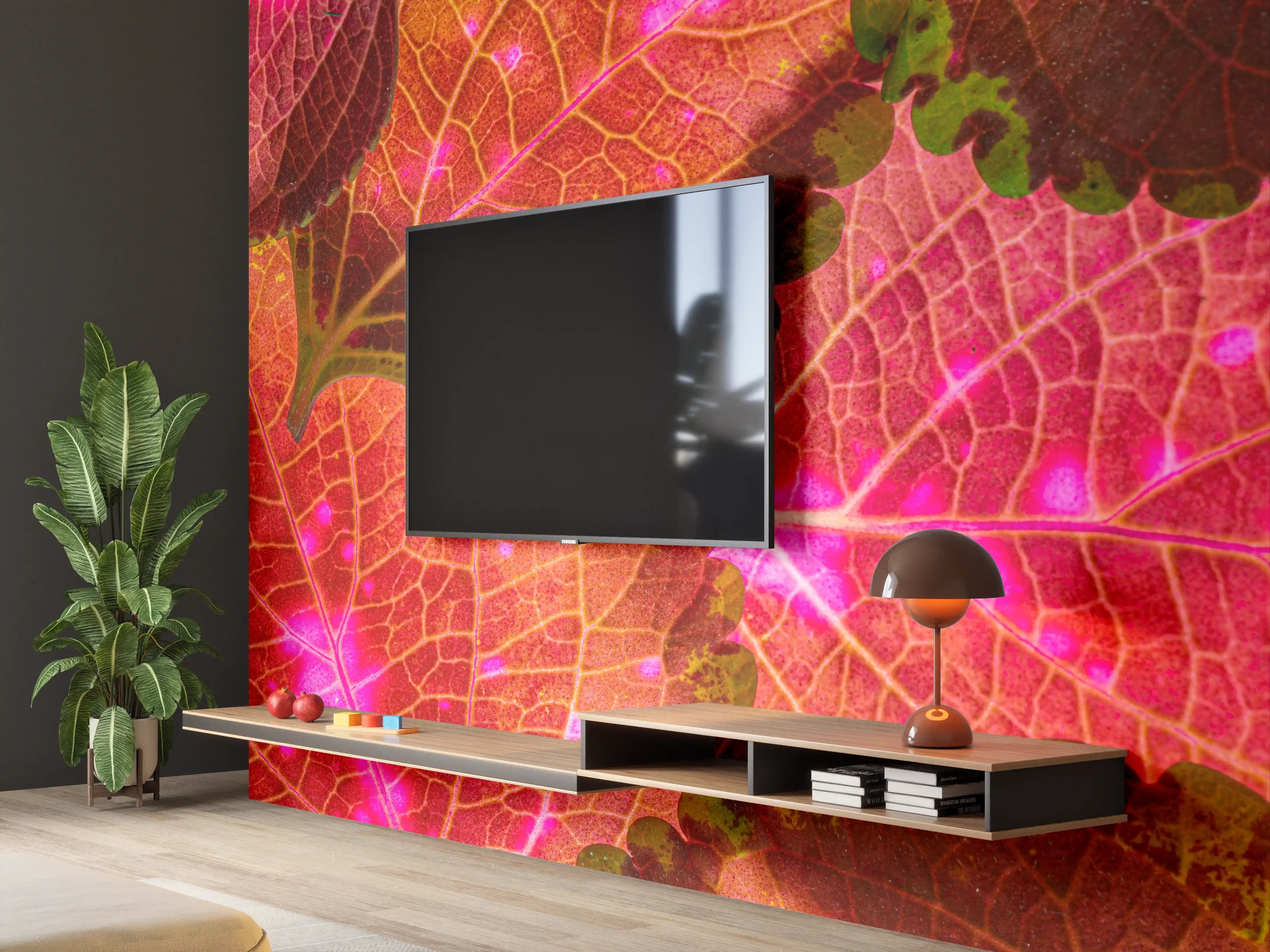 Wandverkleidung Wohnzimmer - Lebendige Herbstblätter in LED-Optik
