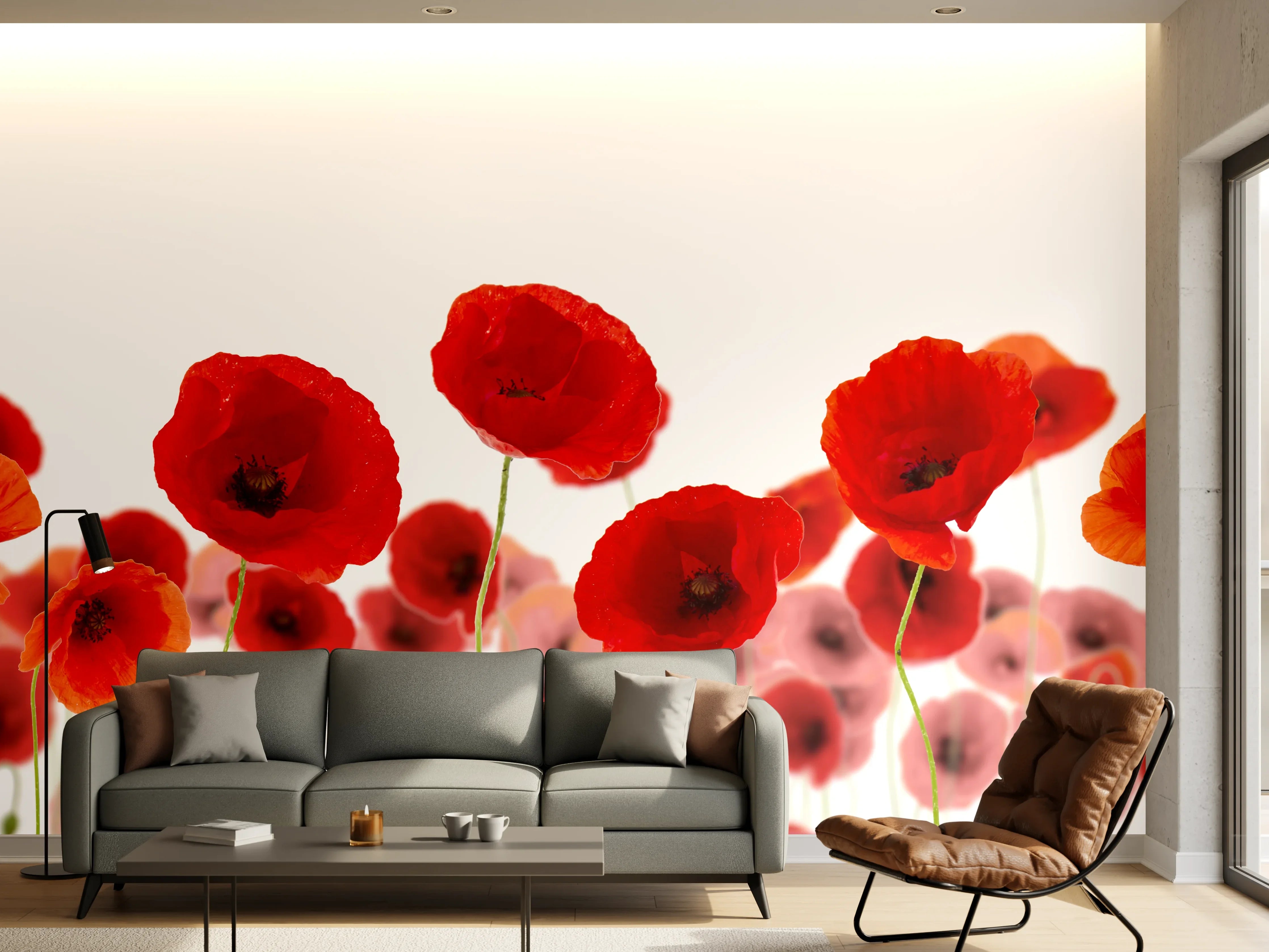 Wandverkleidung Wohnzimmer - Lebendige Mohnblumen auf Feld