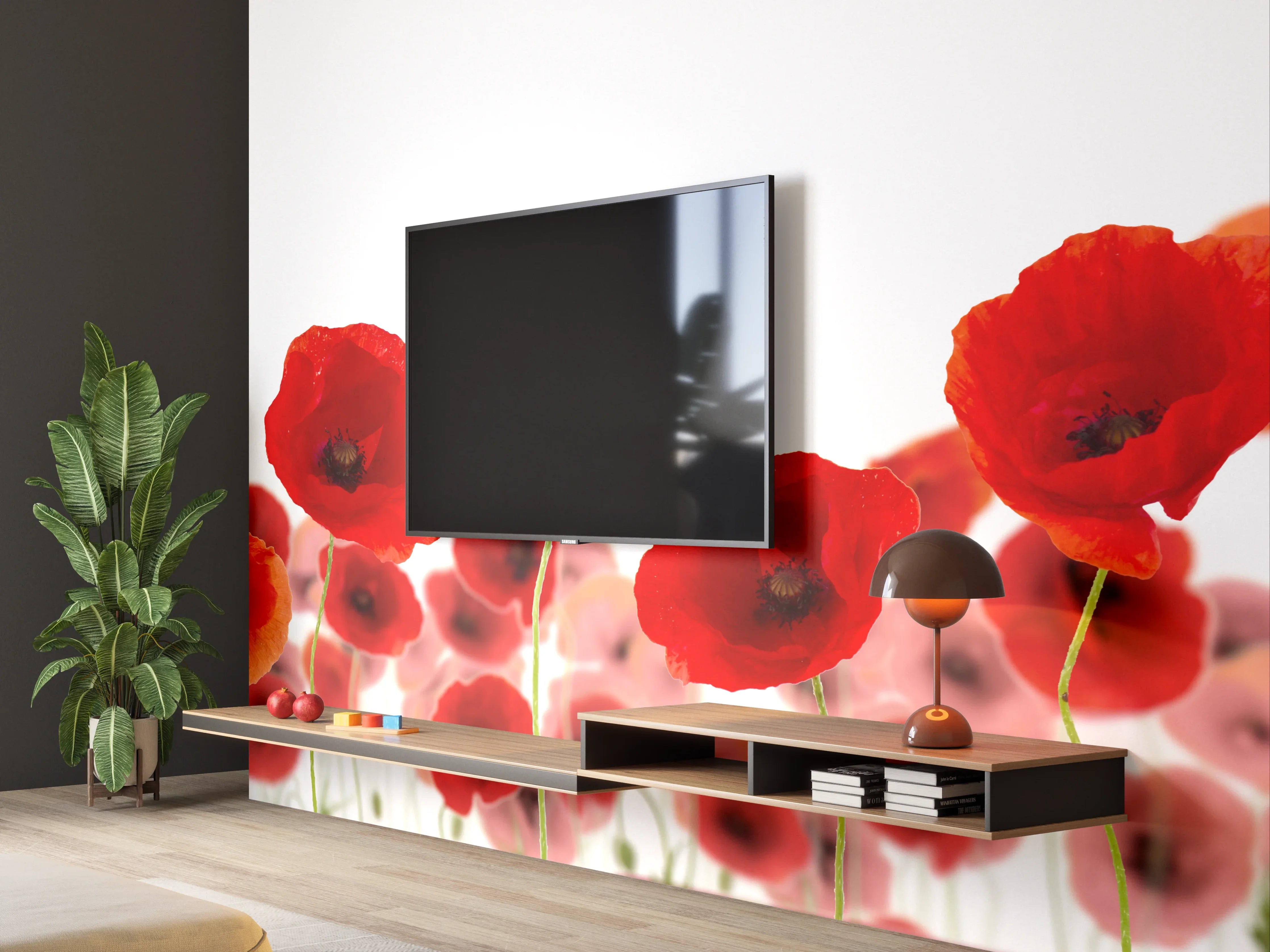 Wandverkleidung Wohnzimmer - Lebendige Mohnblumen auf Feld