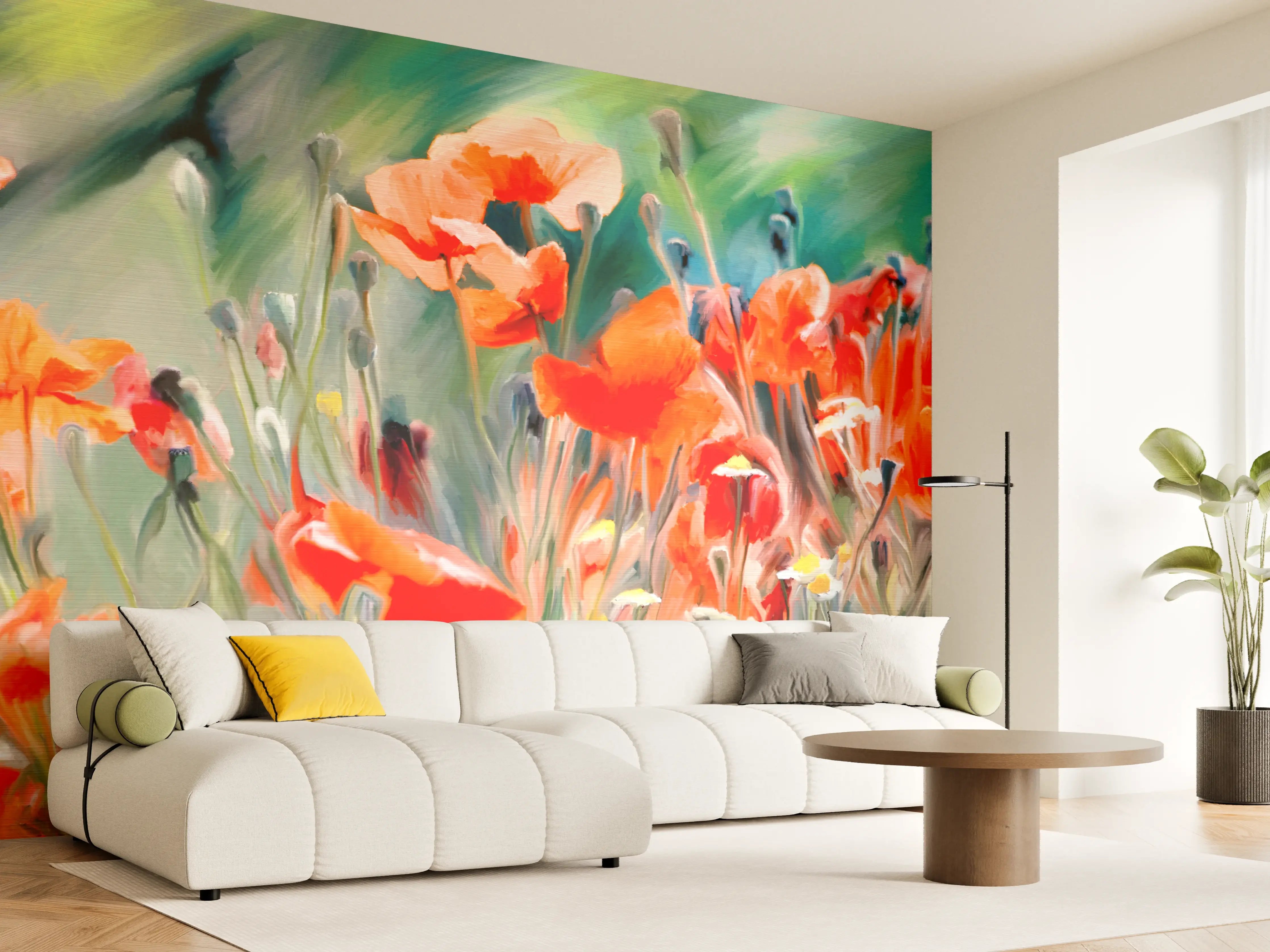 Wandverkleidung Wohnzimmer - Lebendige Mohnblumen im Feld