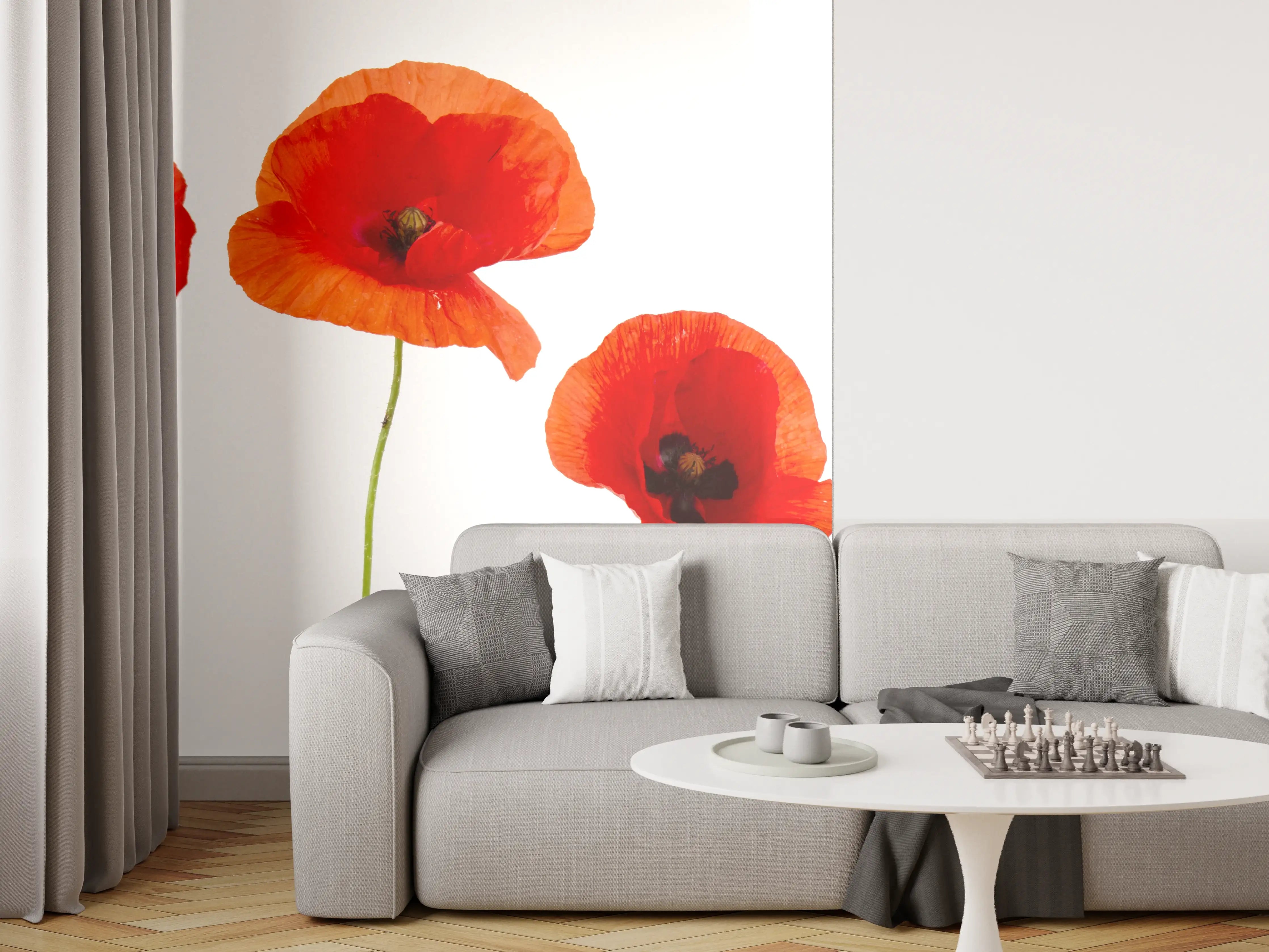 Wandverkleidung Wohnzimmer - Lebendige Mohnblumen in Blau-Weiß