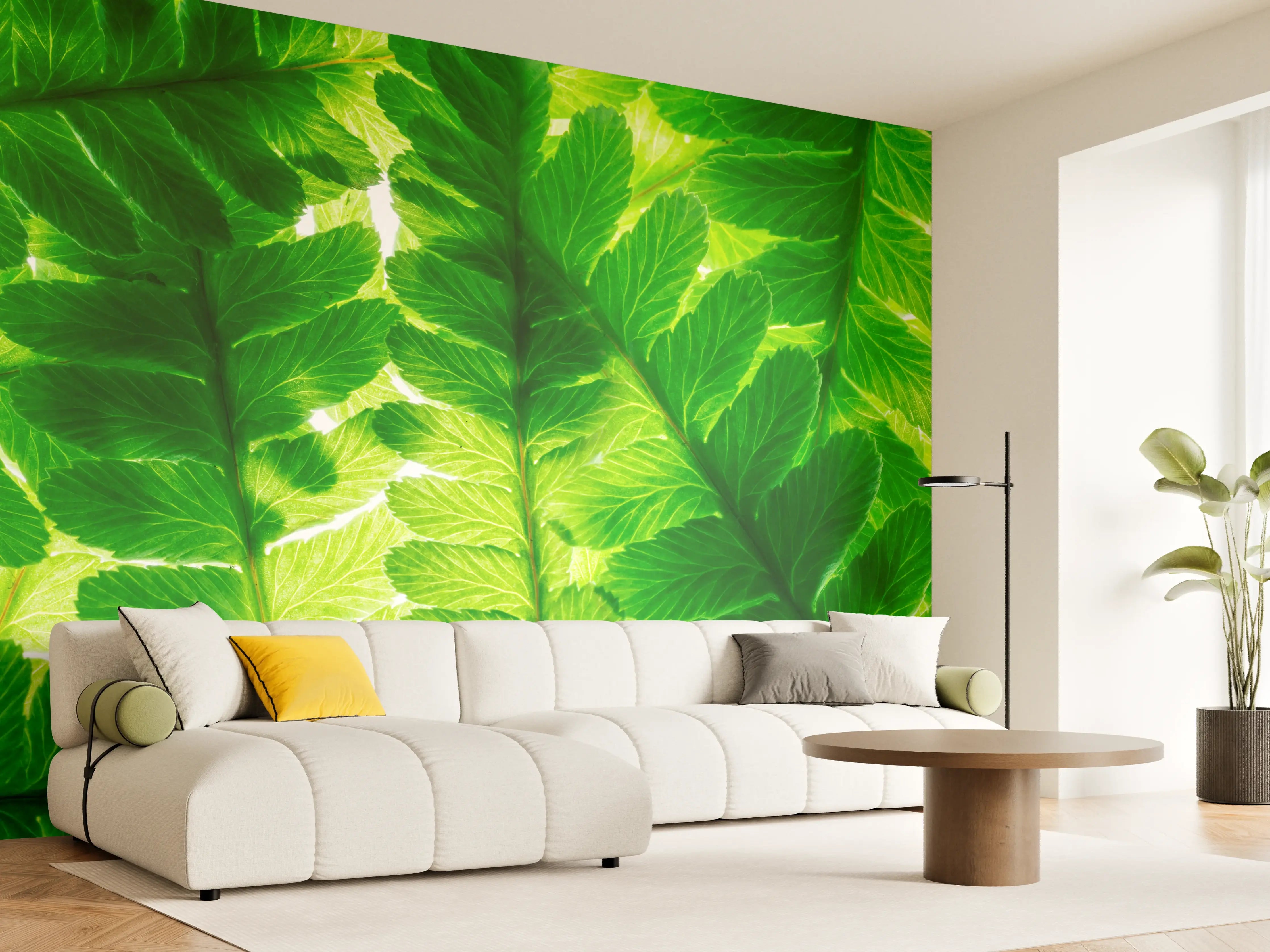Wandverkleidung Wohnzimmer - Lebendige grüne Blätter - Dschungel-Atmosphäre
