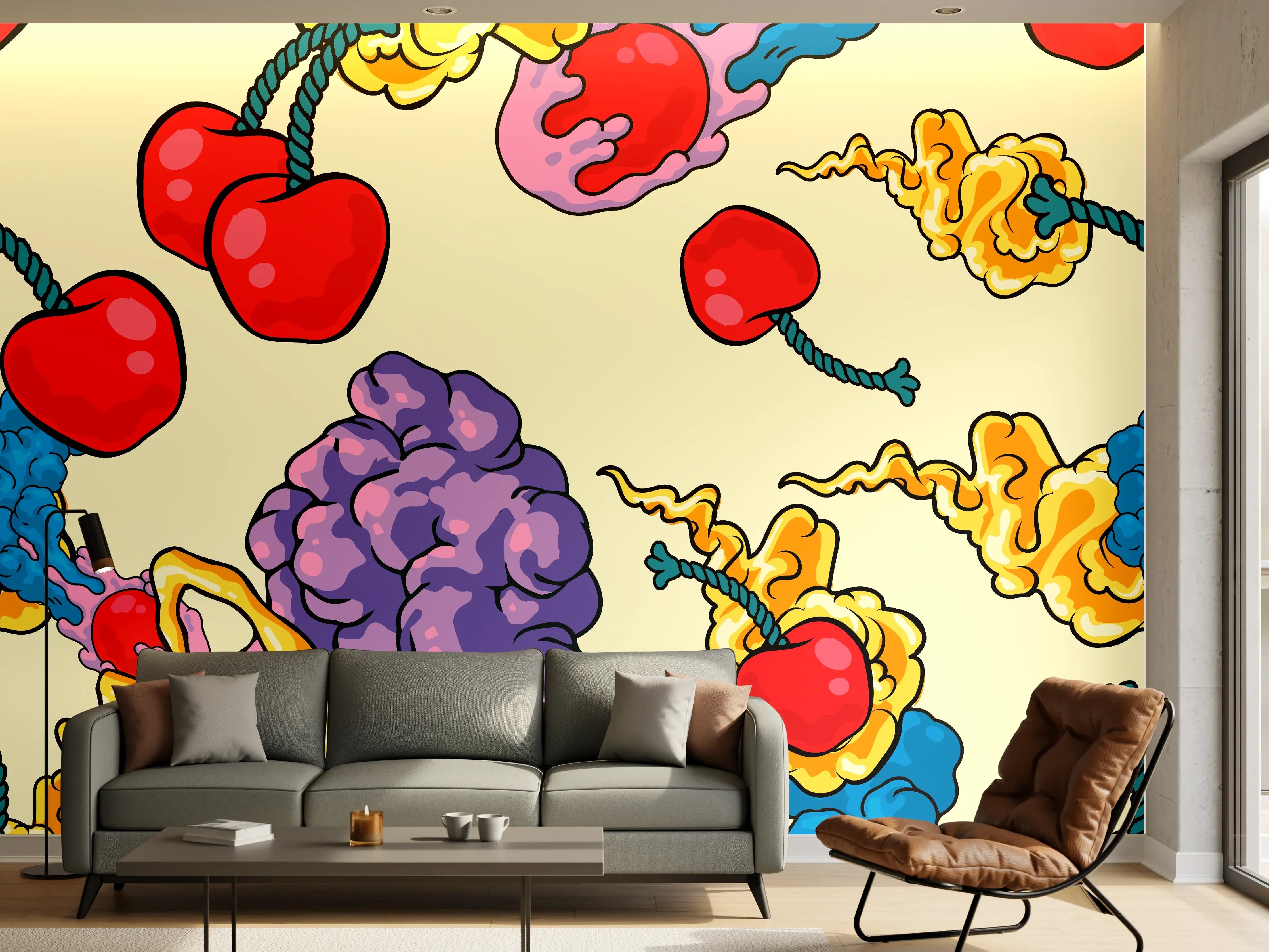 Wandverkleidung Wohnzimmer - Lebendige, bunte Muster mit Kirschen und Wolken