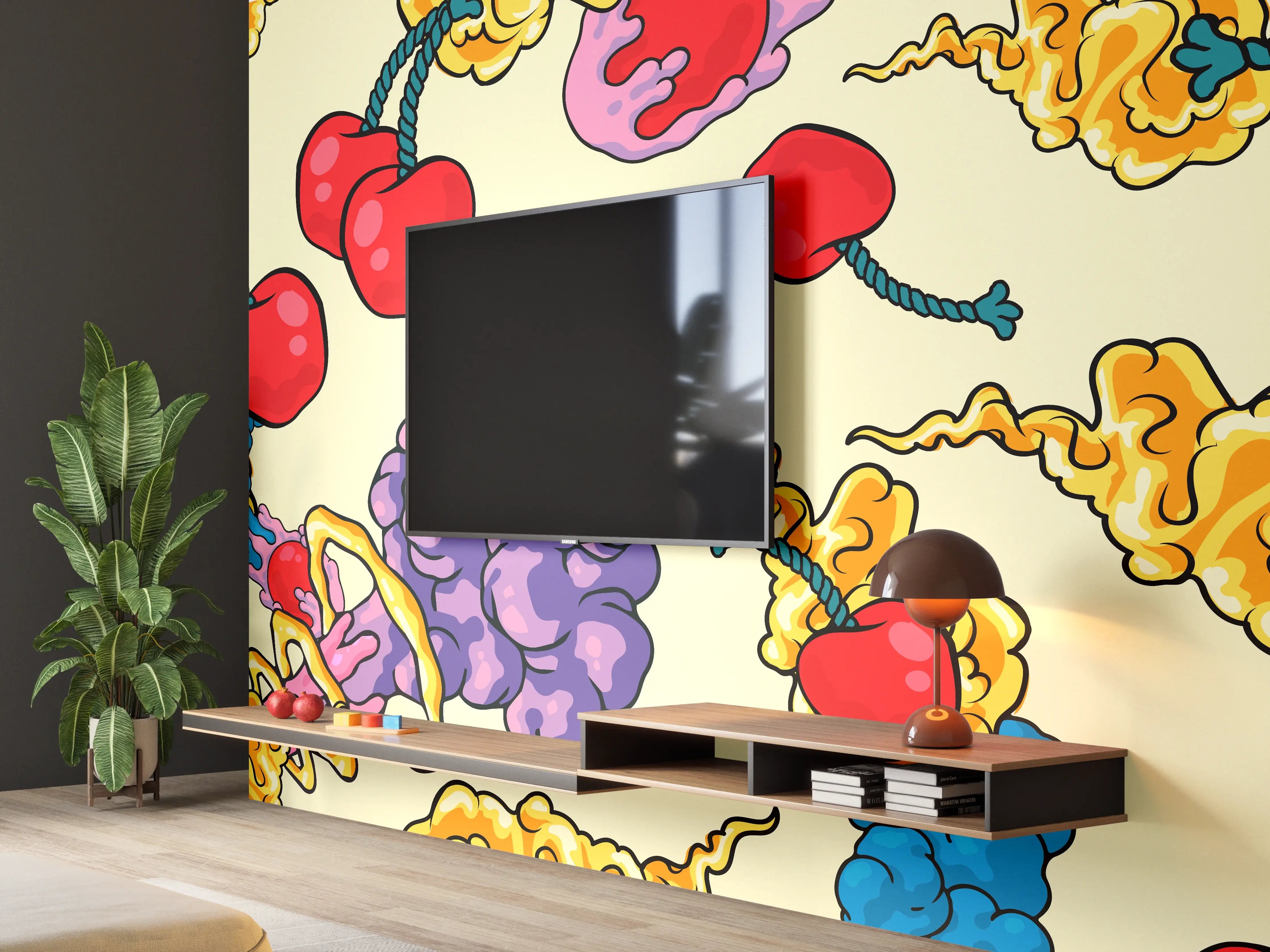 Wandverkleidung Wohnzimmer - Lebendige, bunte Muster mit Kirschen und Wolken