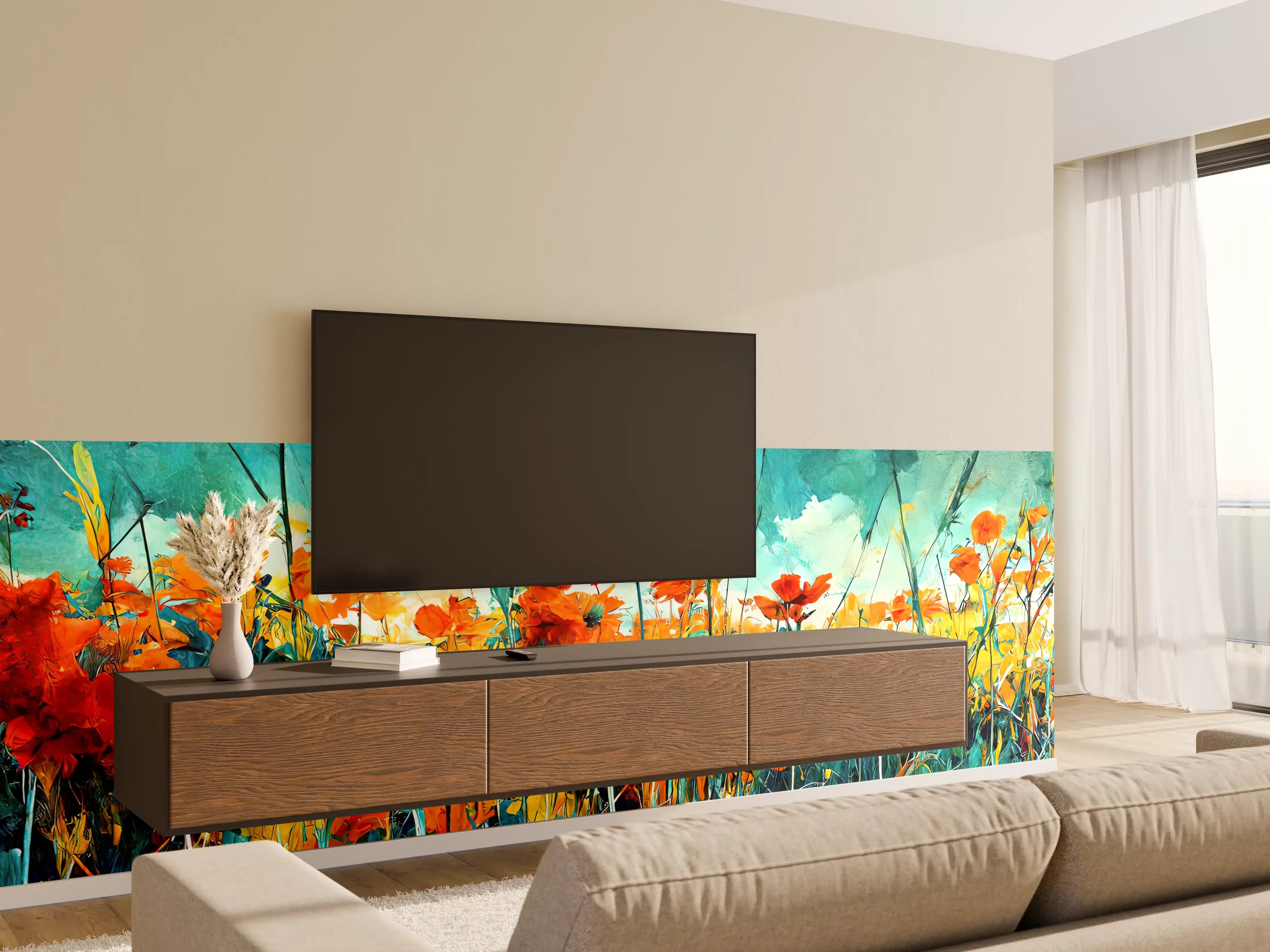 Wandverkleidung Wohnzimmer - Lebendiges Blumenmeer in Wasserfarben