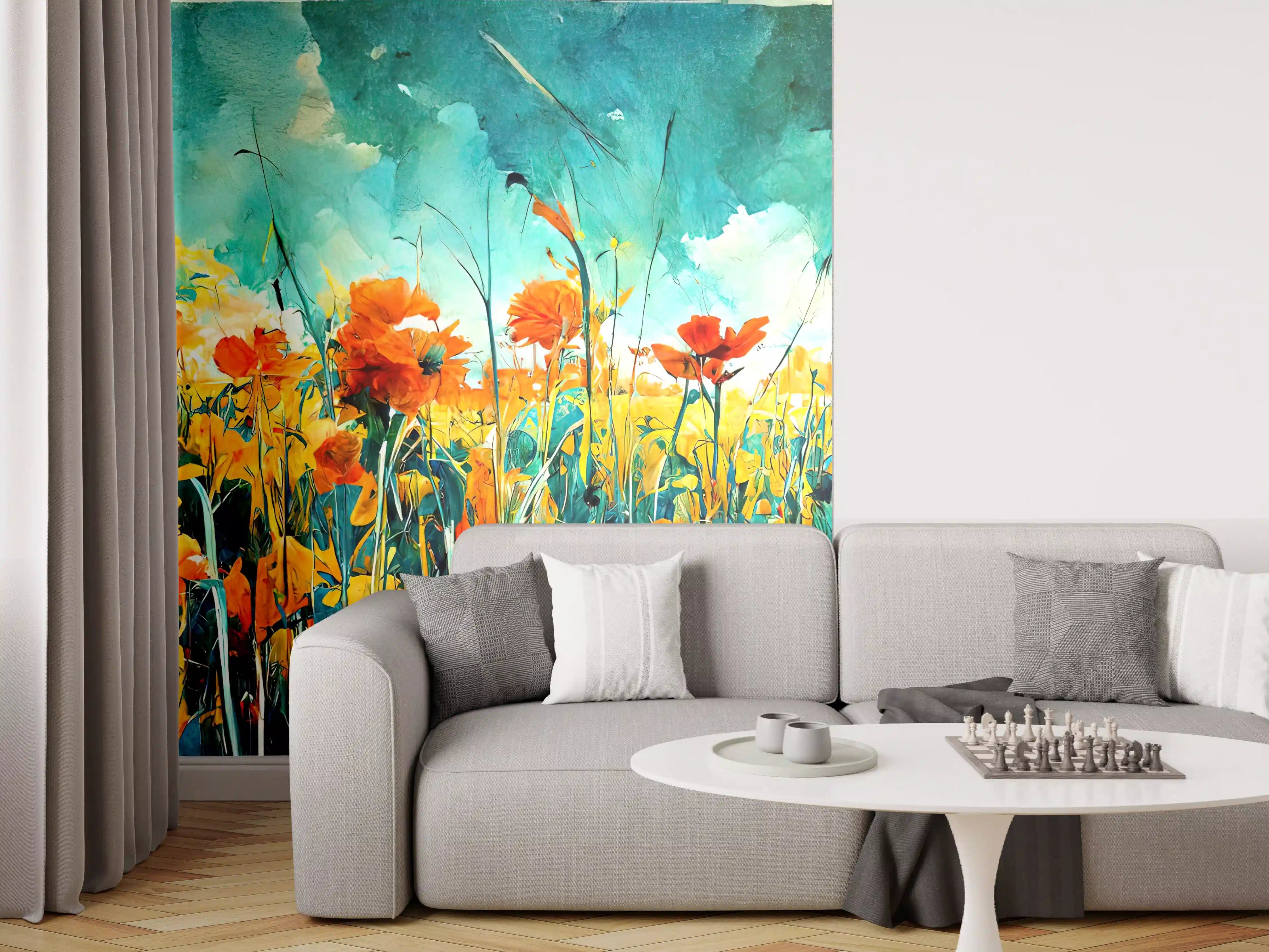 Wandverkleidung Wohnzimmer - Lebendiges Blumenmeer in Wasserfarben