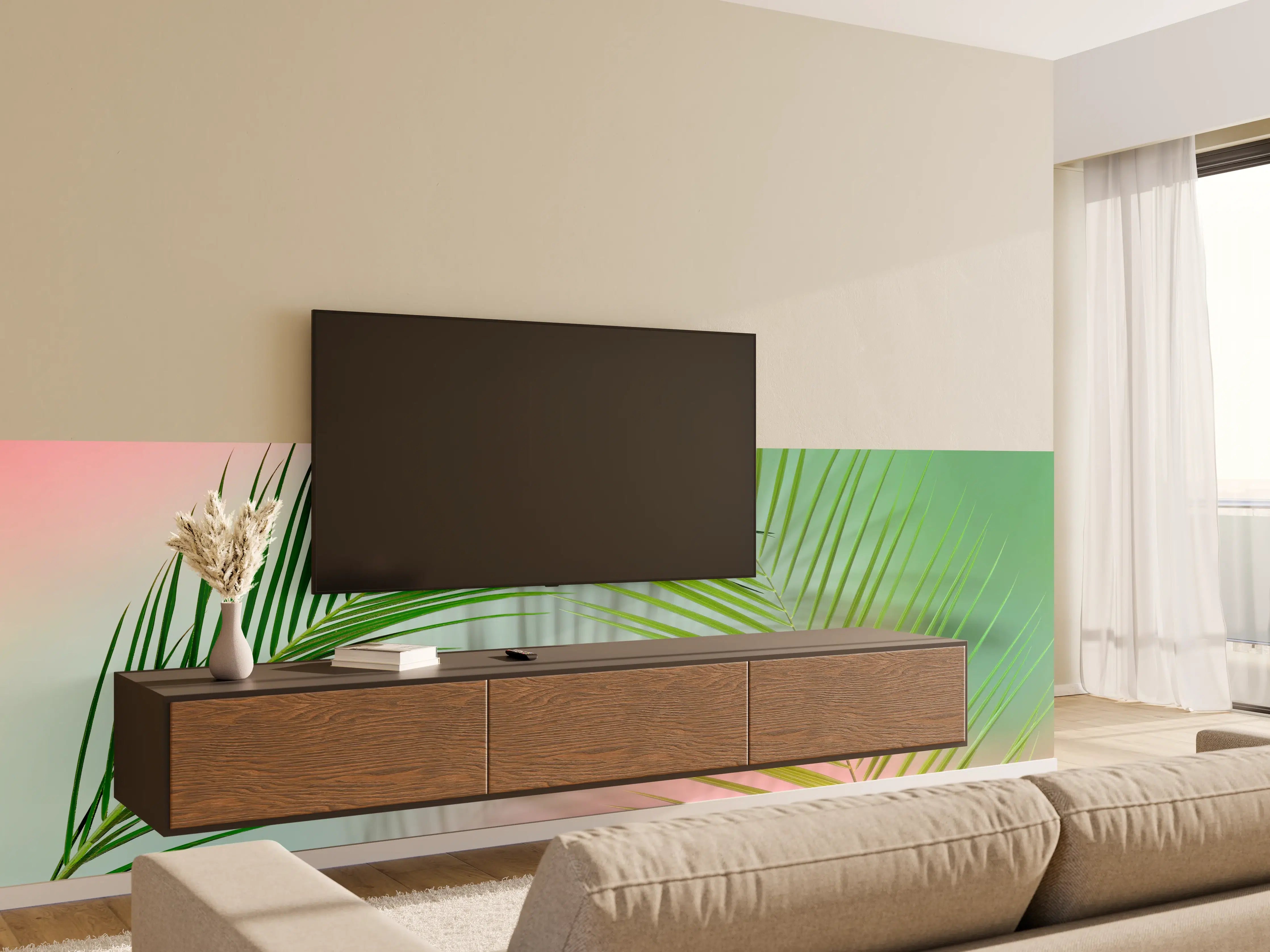 Wandverkleidung Wohnzimmer - Leichte Palmenblätter vor pastellfarbenem Hintergrund