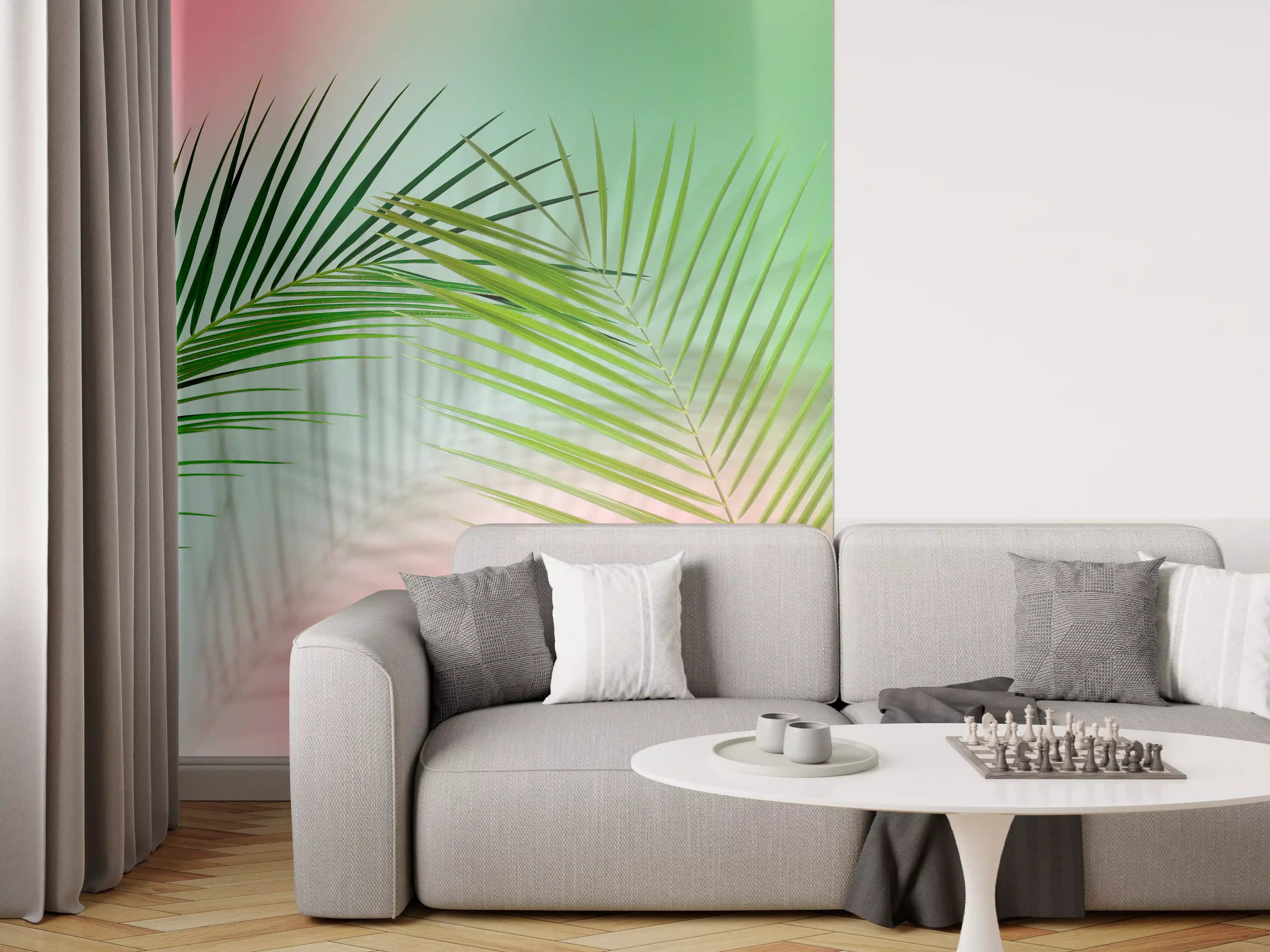 Wandverkleidung Wohnzimmer - Leichte Palmenblätter vor pastellfarbenem Hintergrund