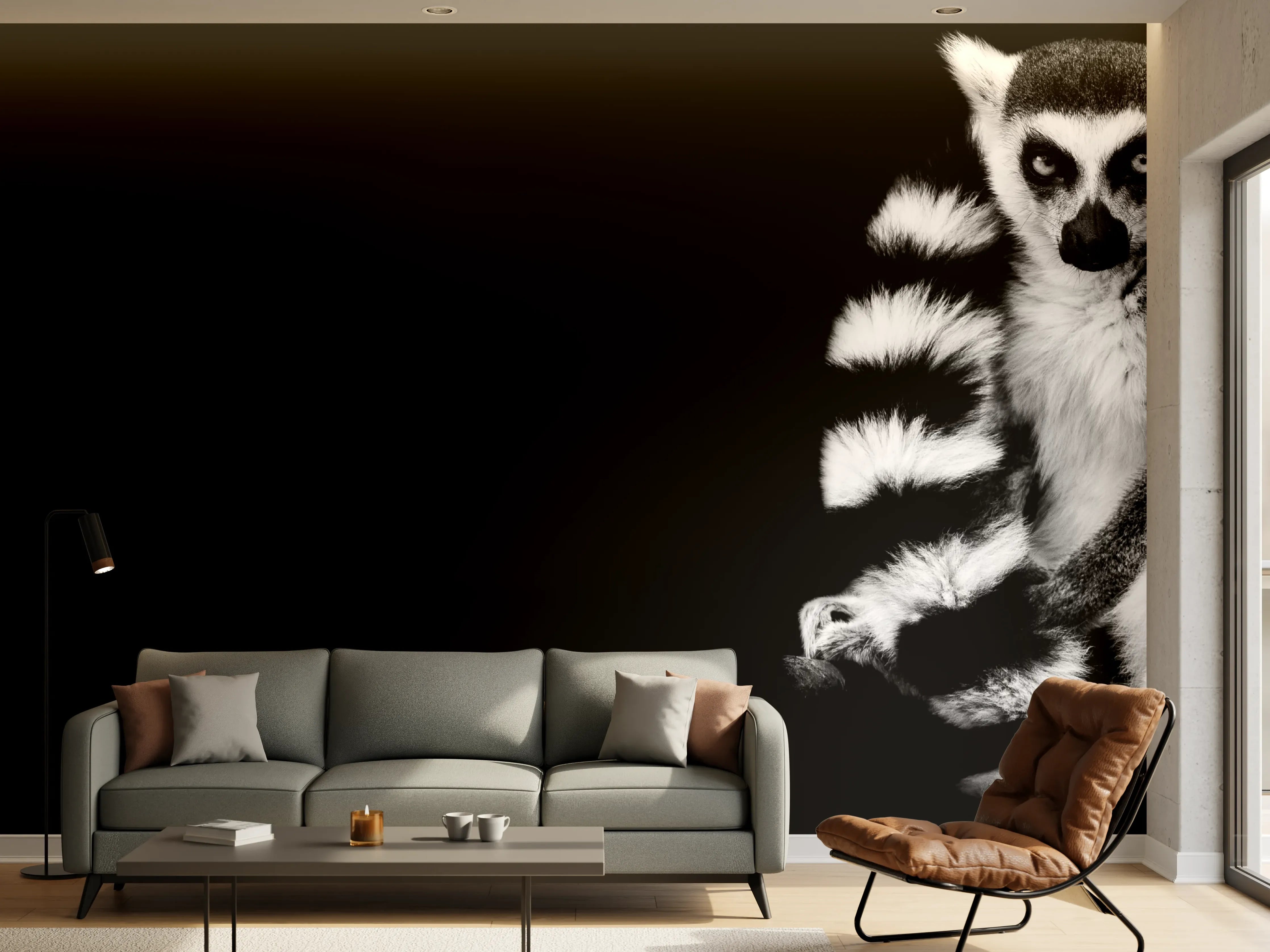 Wandverkleidung Wohnzimmer - Lemur auf schwarzem Hintergrund