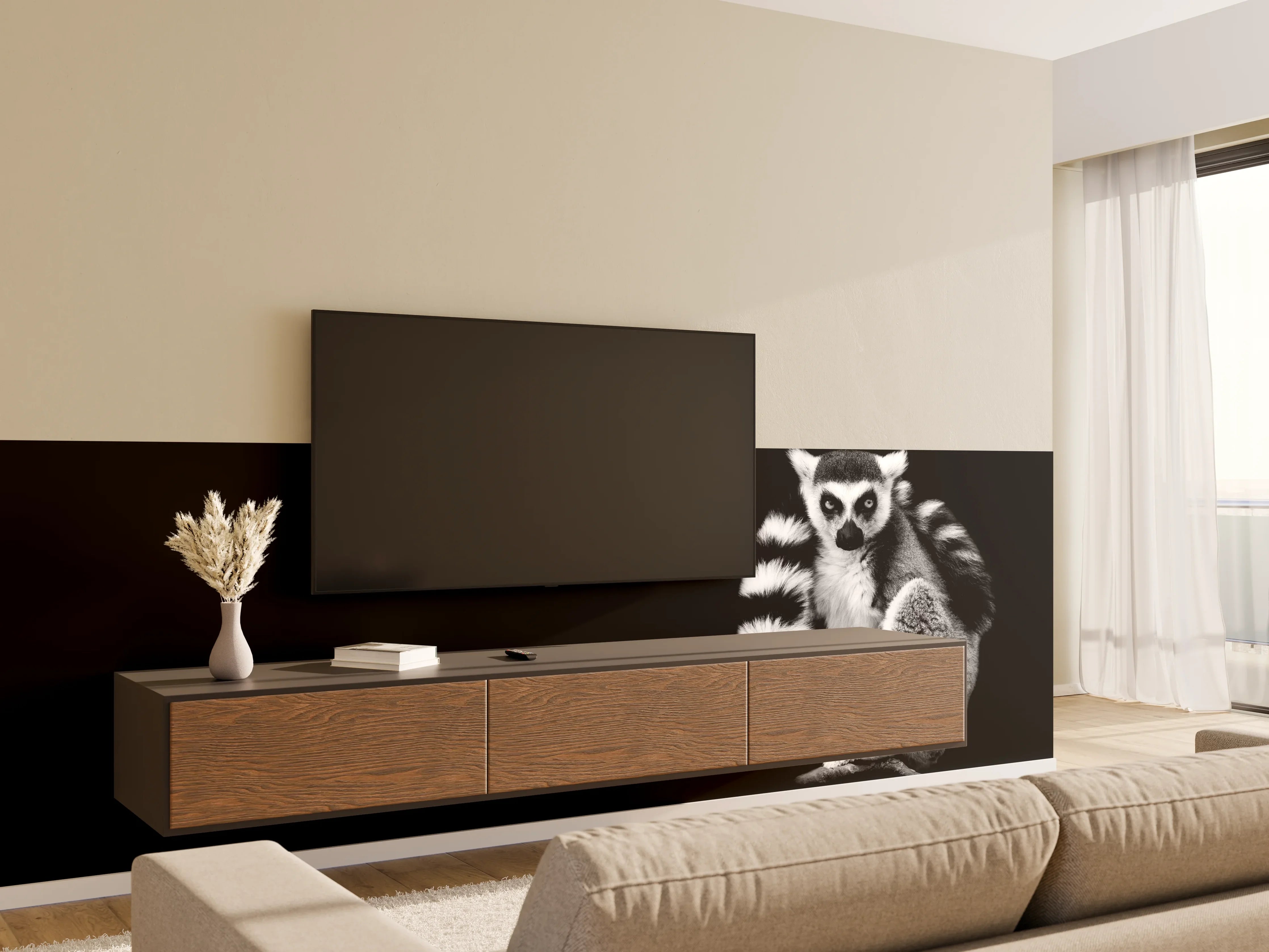 Wandverkleidung Wohnzimmer - Lemur auf schwarzem Hintergrund