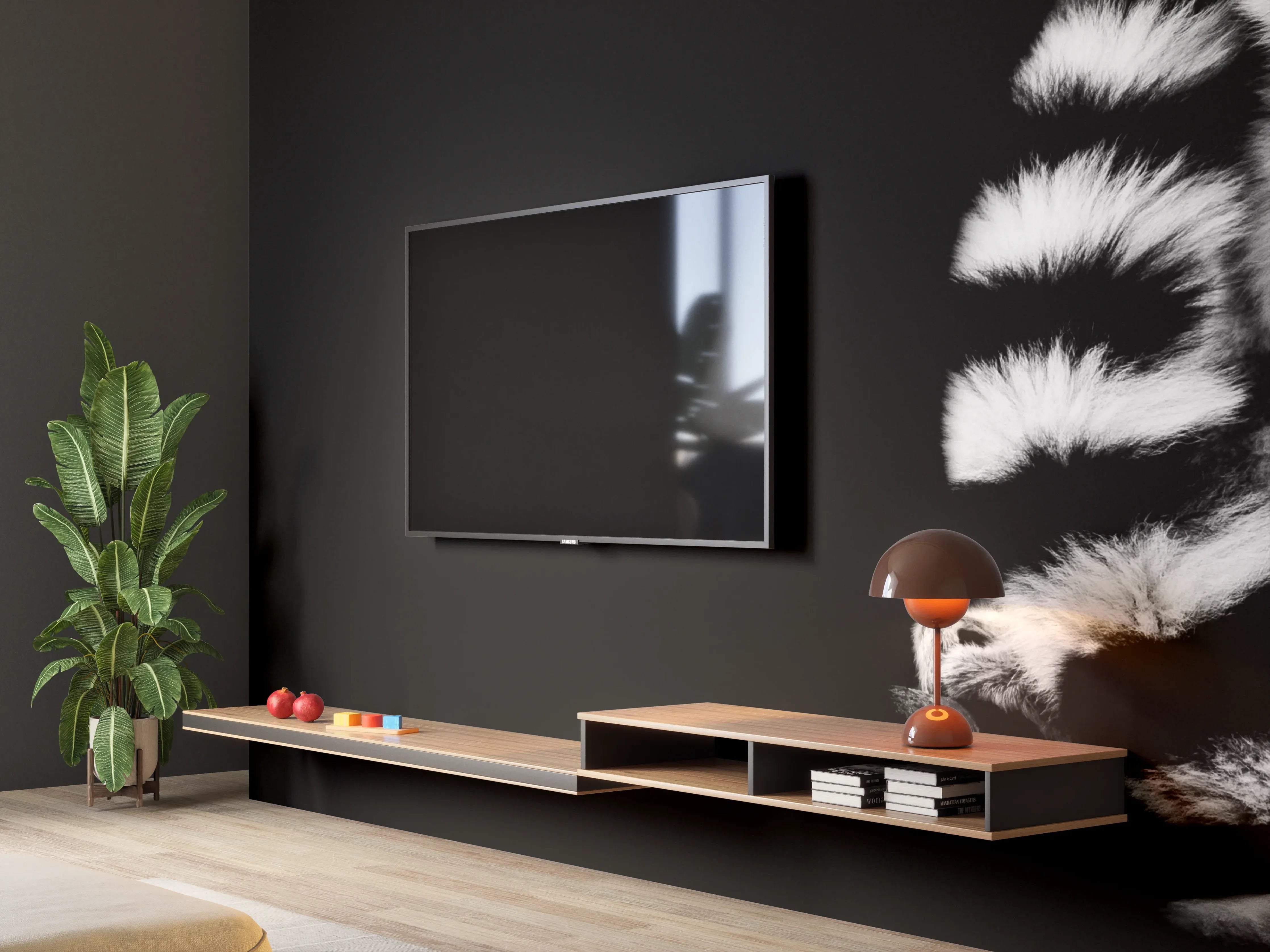 Wandverkleidung Wohnzimmer - Lemur auf schwarzem Hintergrund