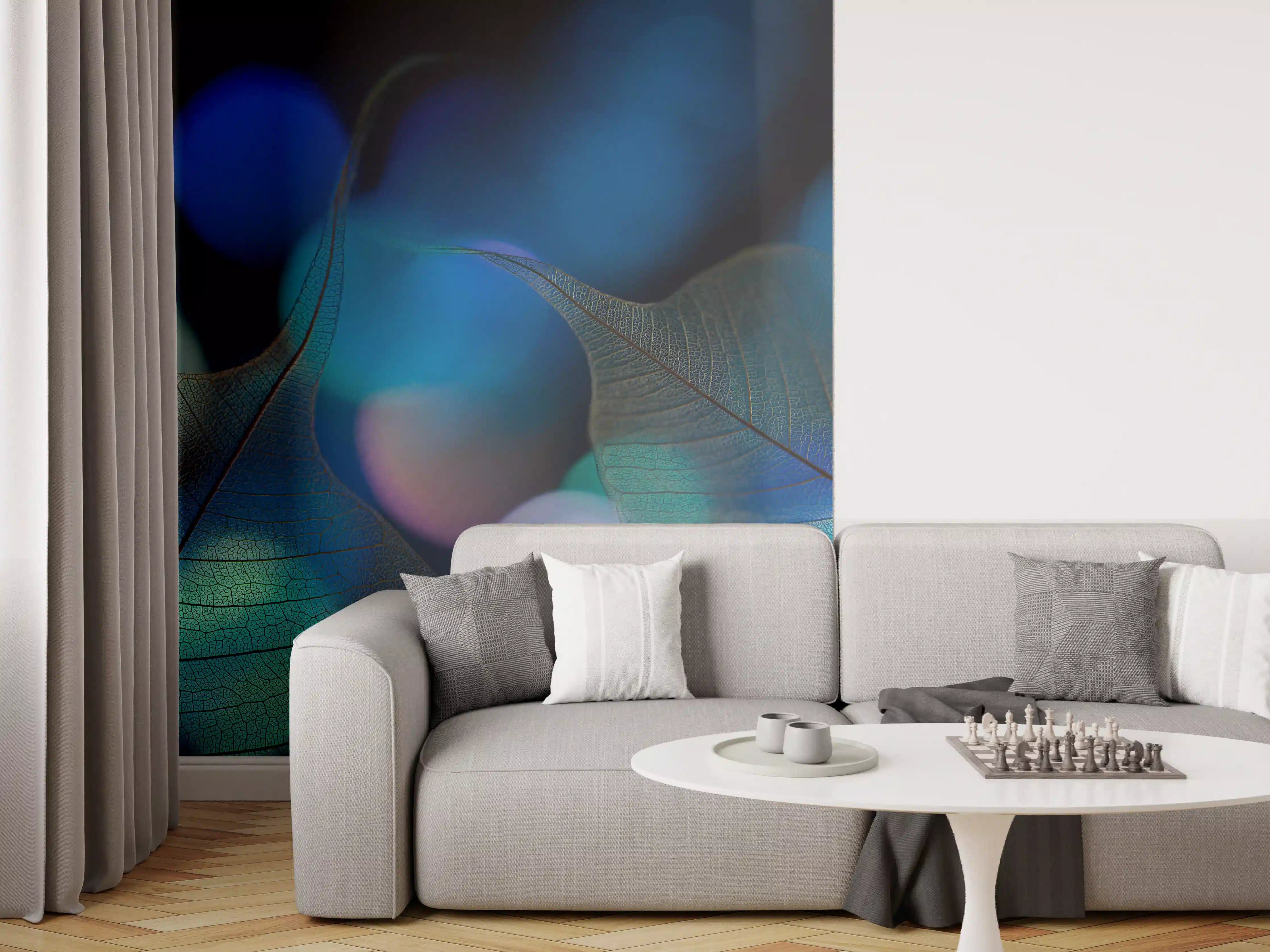 Wandverkleidung Wohnzimmer - Leuchtende Blätter im nächtlichen Lichtspiel