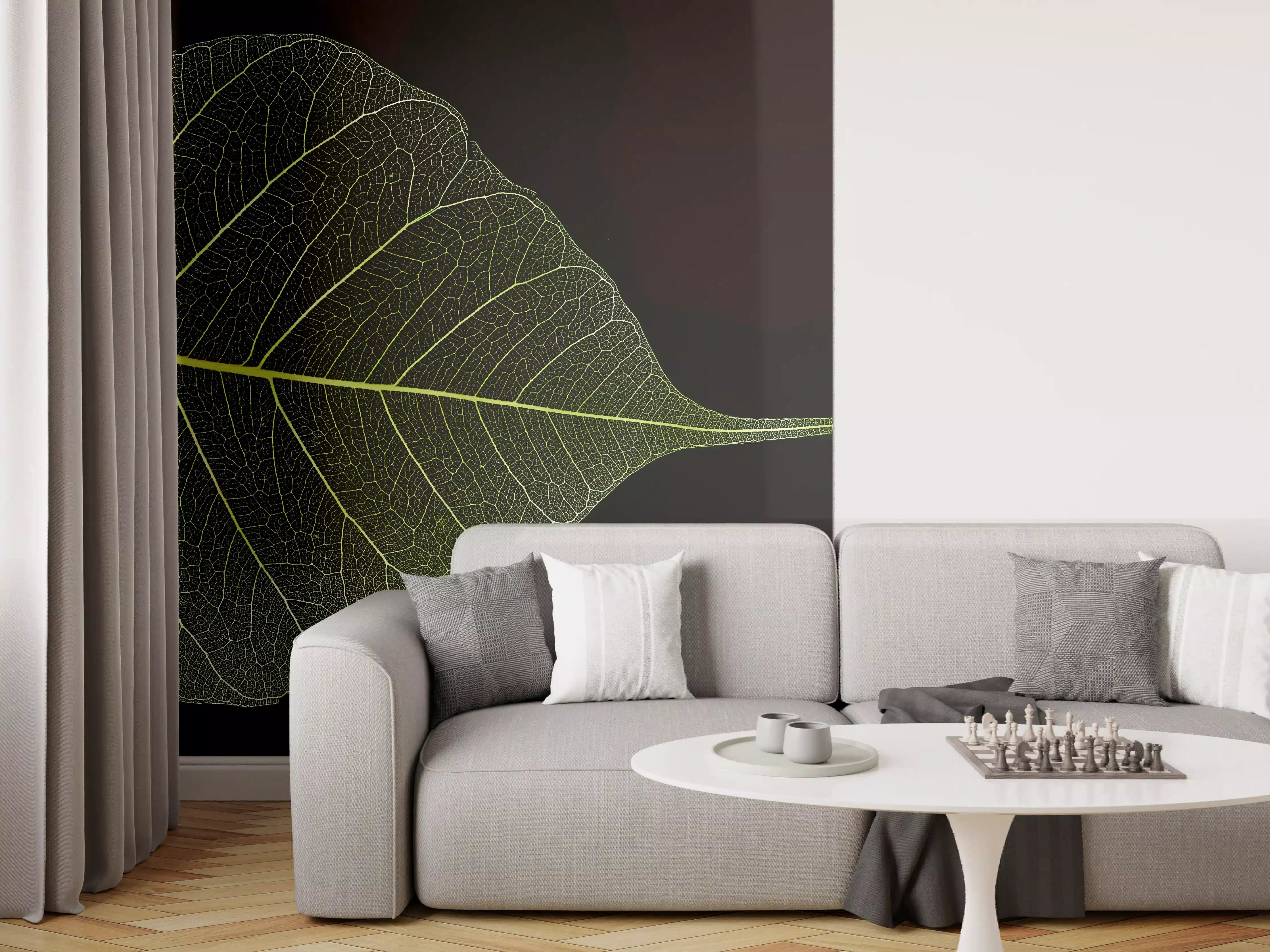 Wandverkleidung Wohnzimmer - Leuchtende Blattstruktur auf schwarzem Hintergrund